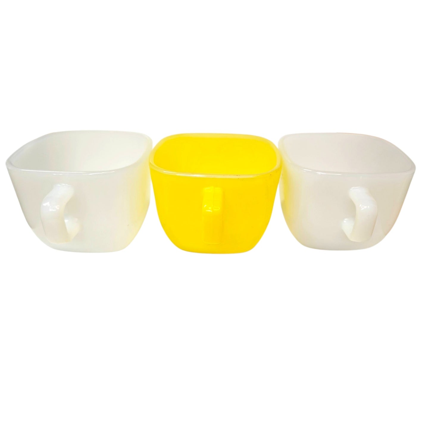 Glasbake Milk Glass Mugs Set 3 Square White Yellow USA Vintage Coffee Cups