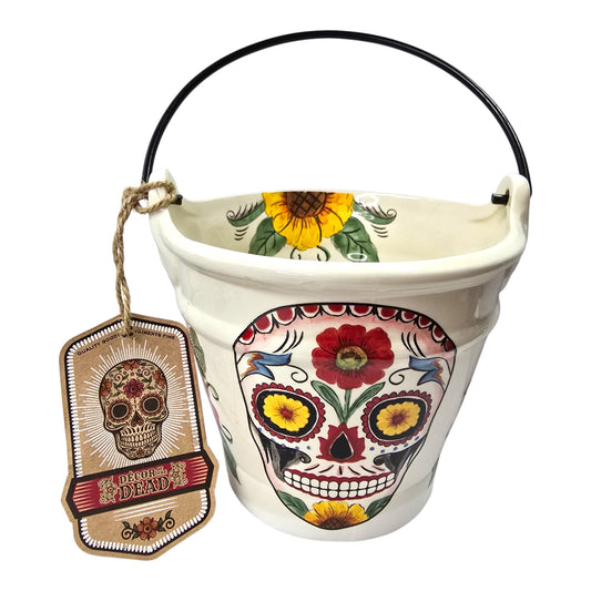 Maxcera Decor of the Dead Sugar Skull Ceramic Bucket Halloween Dia de los Muertos