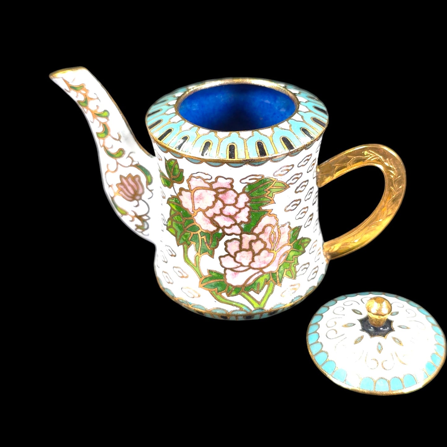 Vintage White Enamel Cloisonne Miniature Teapot with Lid, Pink Rose Floral with Turquoise Enamel, 2.5" H