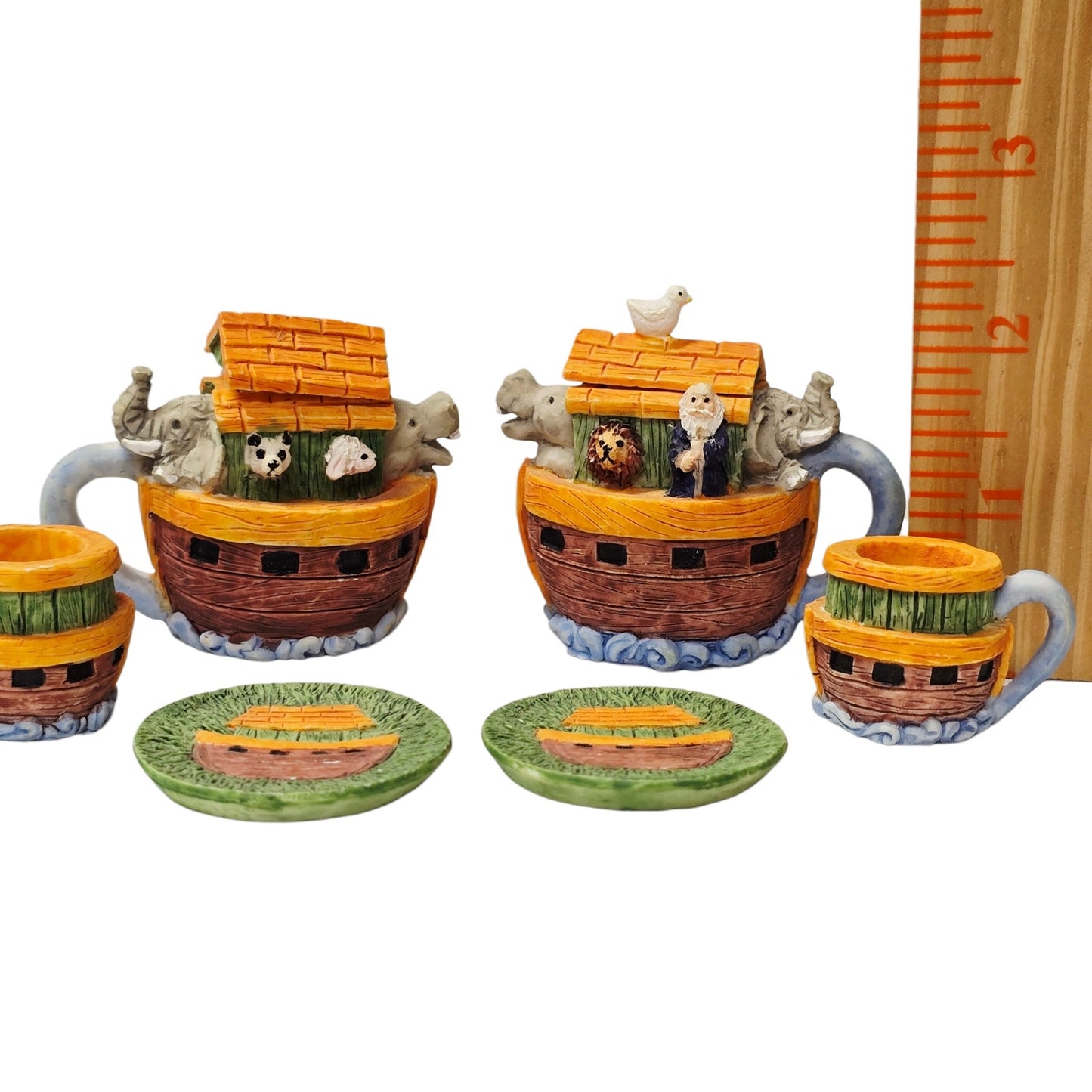 Miniature Ceramic Noah's Ark Tea Set 6pc Hand-painted Animals 2 Teapots Figurine