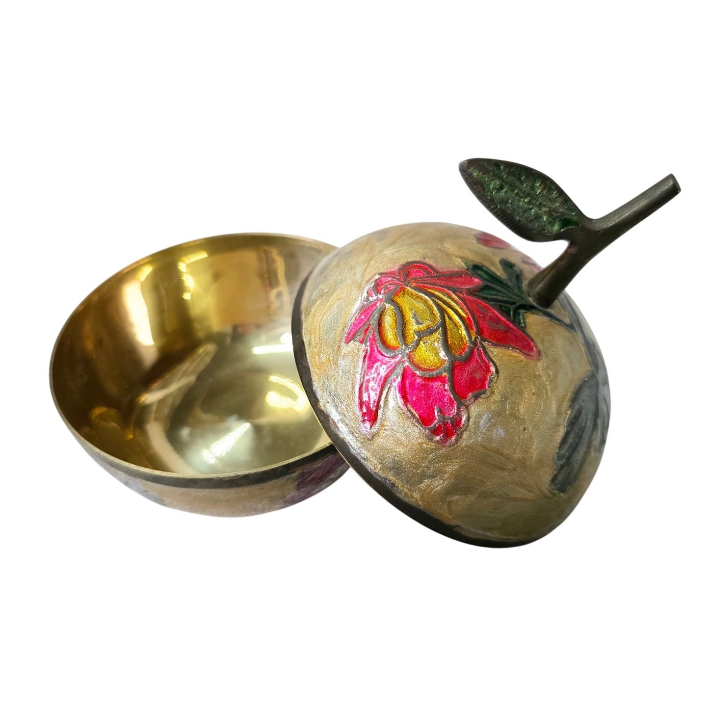 Vintage Cloisonne Enamel Brass Apple Trinket Box With Lid Floral Fruit Farmhouse