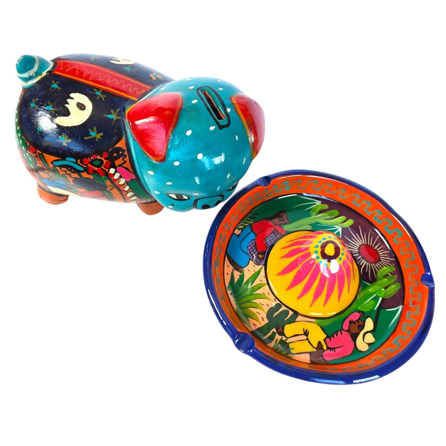 Vtg Mexican Folk Art Piggy Bank & Sombrero Ashtray / Trinket Dish Tonala Pottery