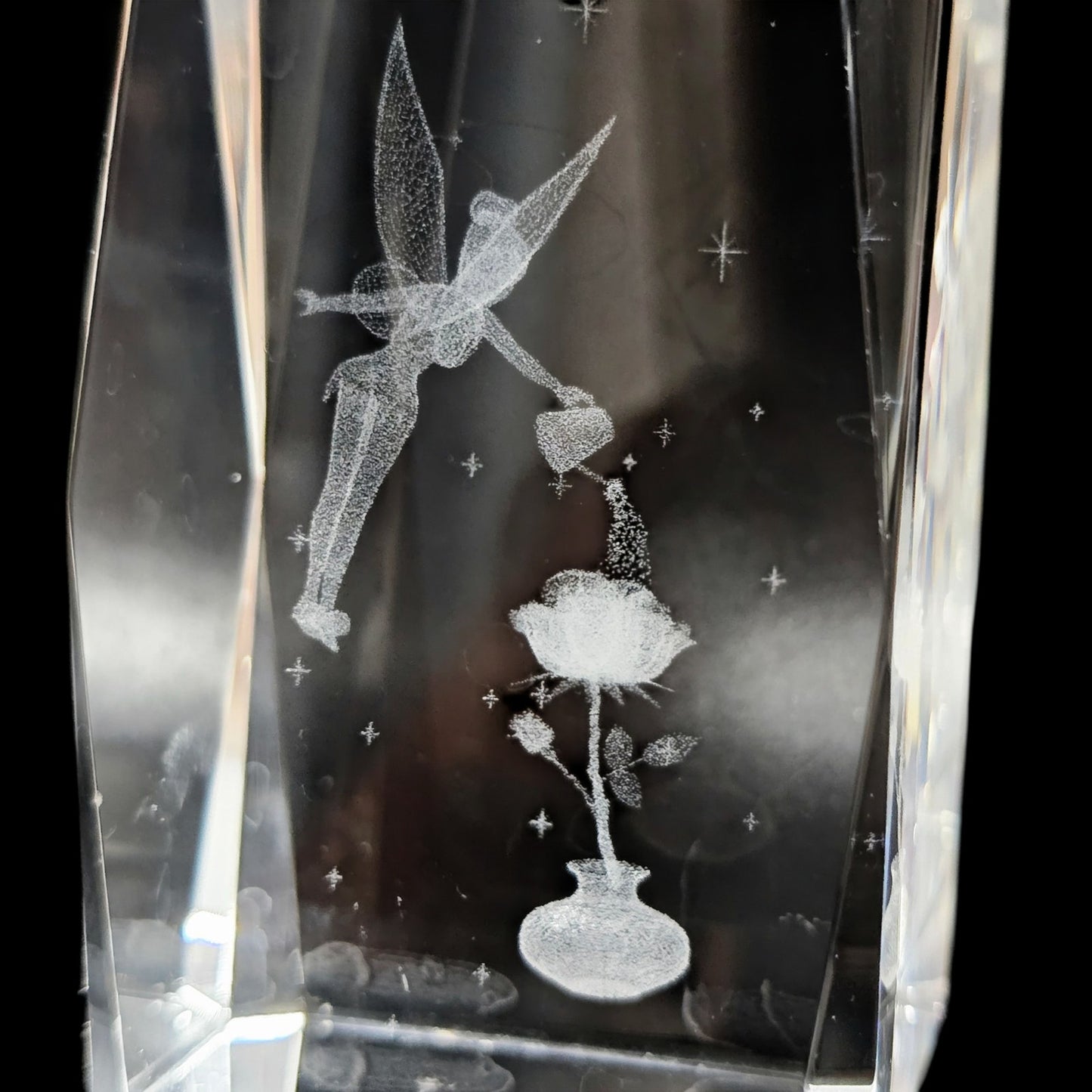 Disney Tinkerbell 3D Crystal Glass Cube Paperweight, Watering Flower Water Can