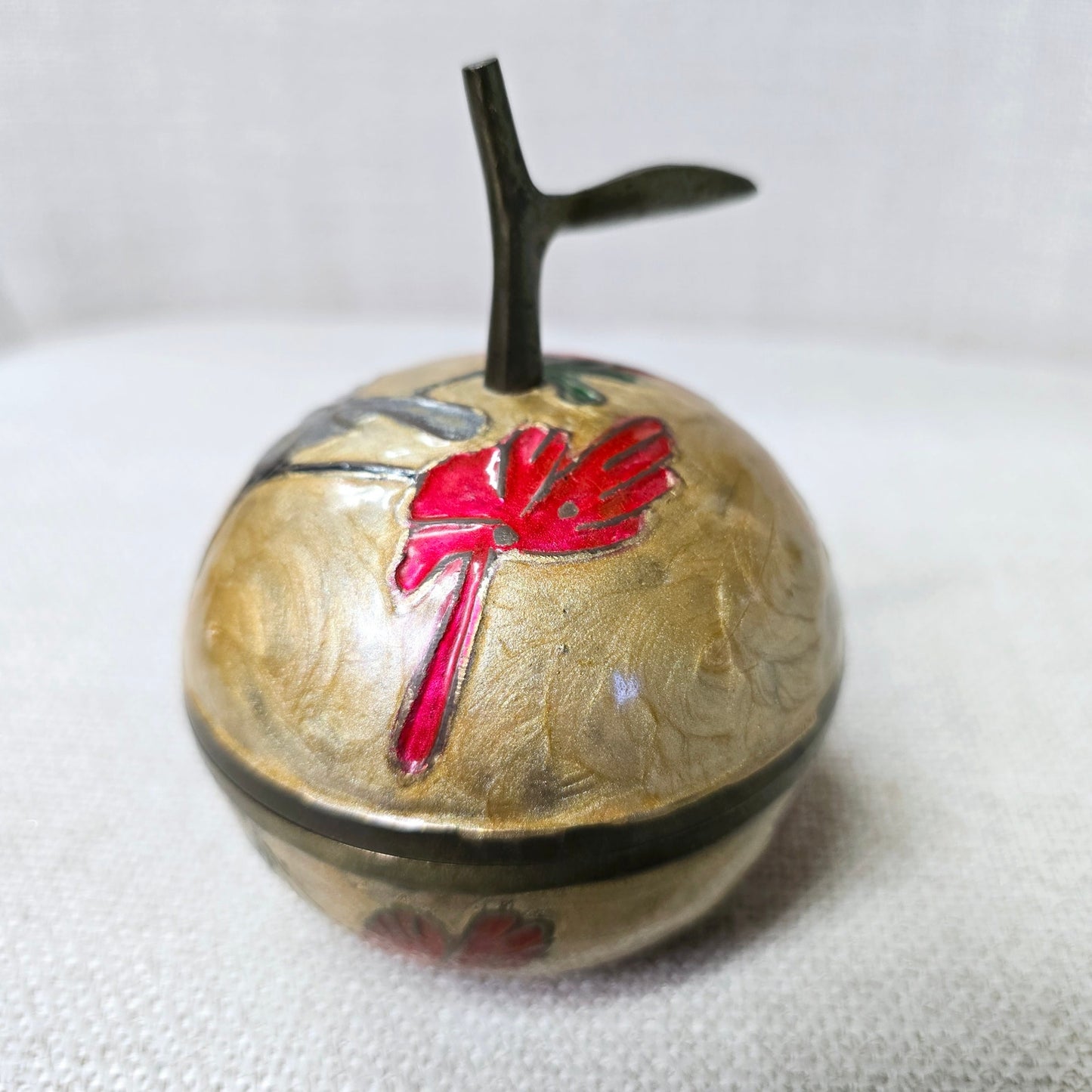 Beautiful Vintage Cloisonne Enamel and Brass Apple Trinket Box with Lid