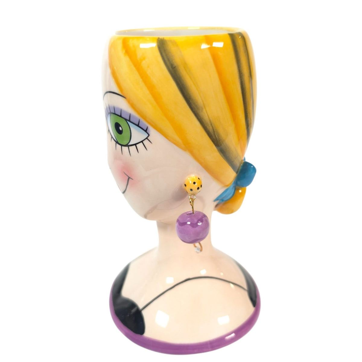 BABS Whimsical Ceramic Lady Head Vase Blonde Green Eyes Purple Earrings