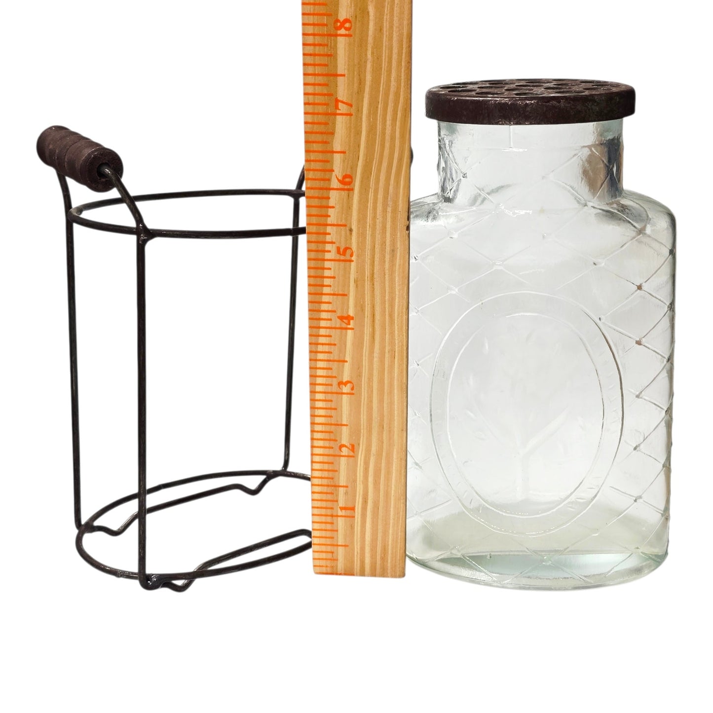 Rustic Farmhouse Glass Floral Vase with Fixed Flower Frog Lid & Wire Caddy