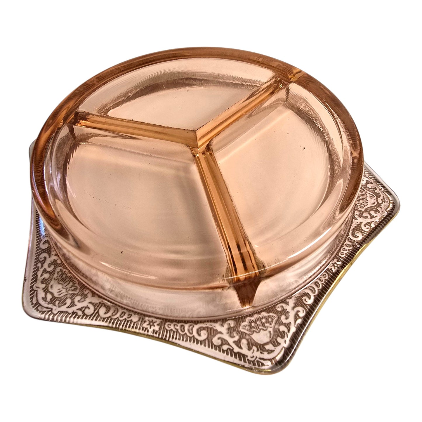 Pink Depression Glass Divided Relish Dish with Gold Decorative Border
