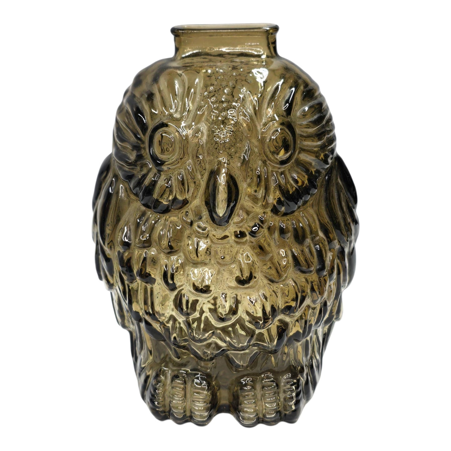 Vtg Anchor Hocking Wise Old Owl Smoke Glass Smoky Topaz Gray Brown Coin Bank MCM