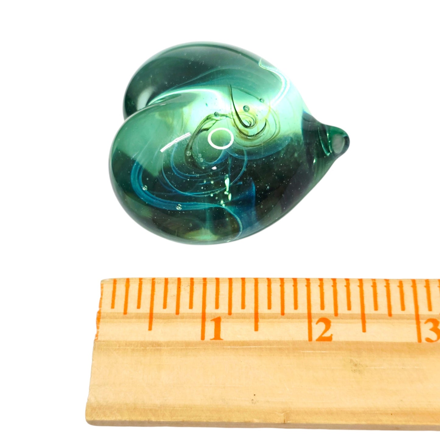 Signed Gilbert C. Johnson 1991 Art Glass Heart Paperweight Blue Green Vortex