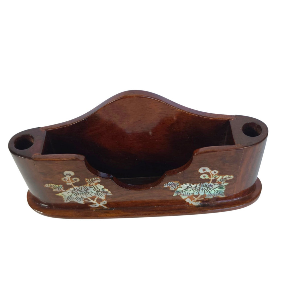 Vintage Wood Desk Organizer Mother of Pearl Inlay Memo Pen Holder Business Card