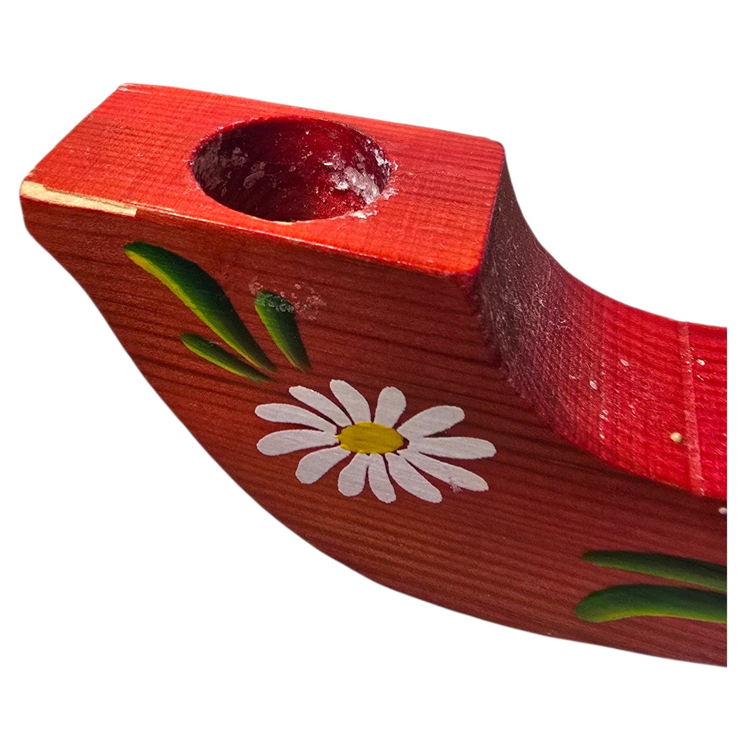 Vintage Sweden Wooden Candelabra Candle Holder Red Floral Hand Painted Folk Art