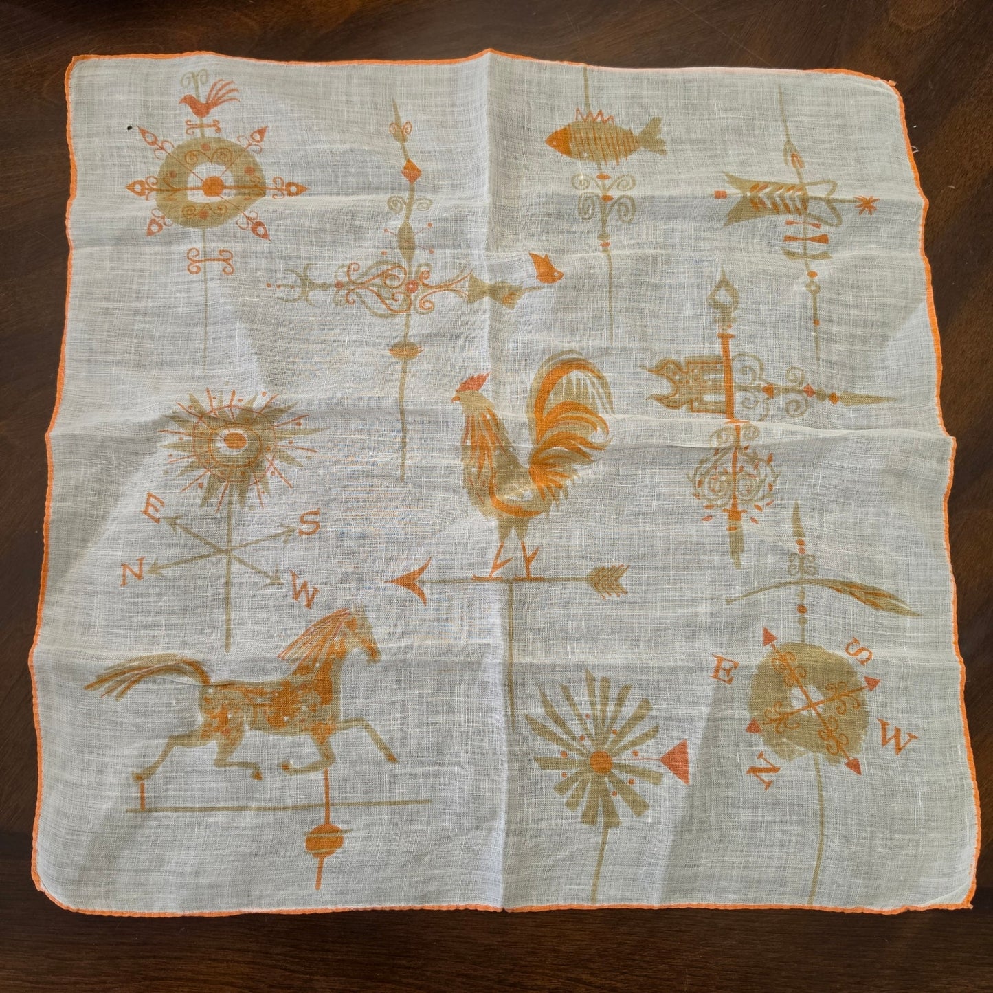 Vintage Weather Vane Handkerchief Rooster Horse Fish Retro Yellow Hanky
