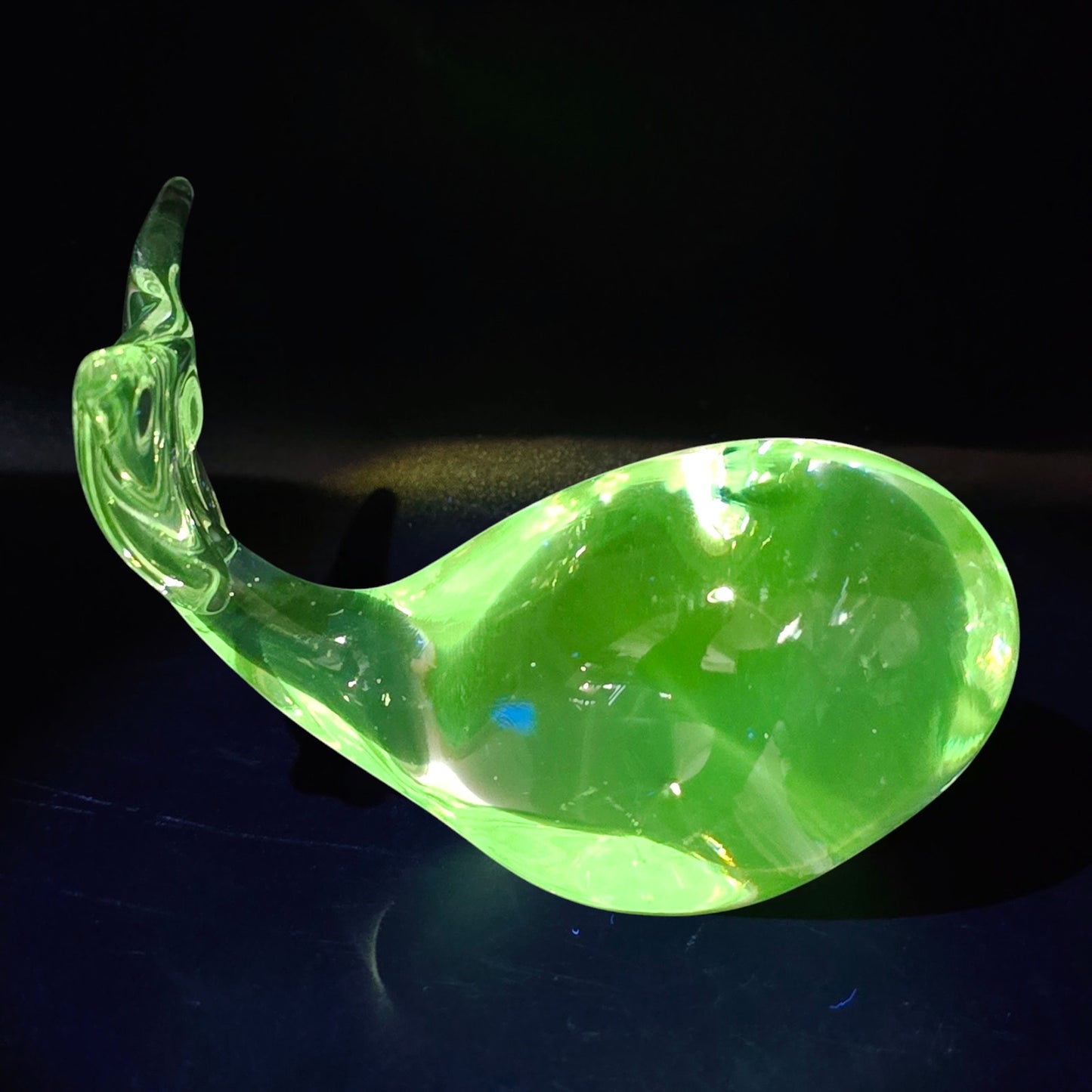 Handblown Clear Art Glass Whale, Polished Bottom, UV Glow