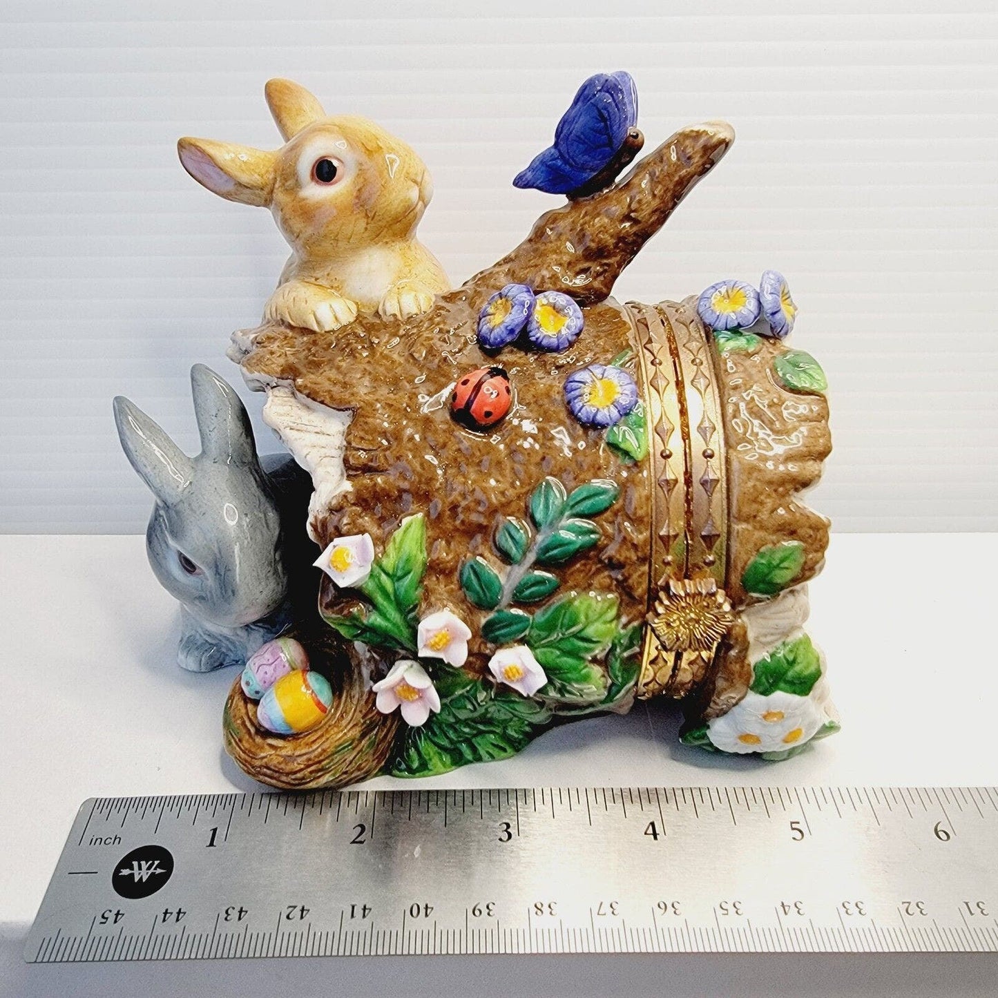 Porcelain Bunny Rabbit Hinged Easter Trinket Box CWC Log Spring Flowers Butterfl