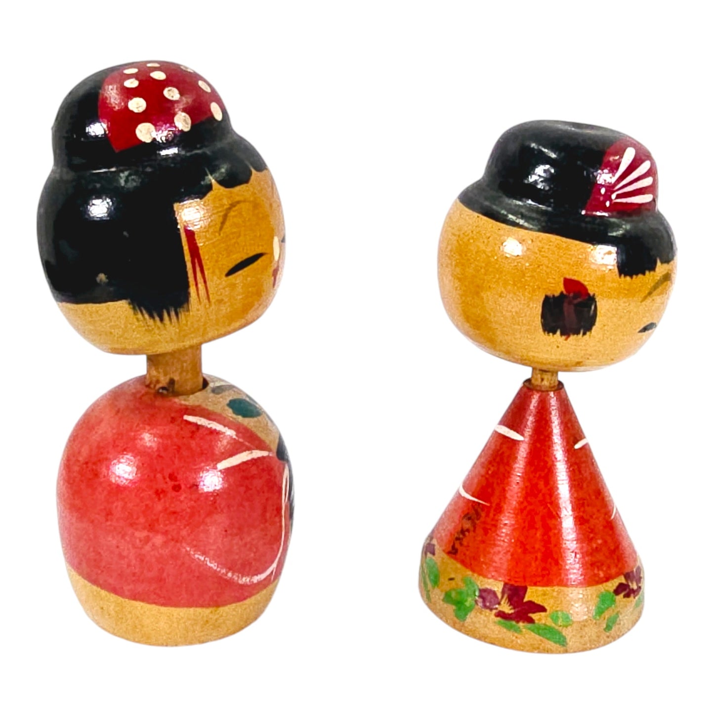 Set of 2 Vintage Miniature Wooden Kokeshi  Wobble Dolls with Magnet Base, Boy and Girl Handpainted Doll Japan, 3.5" & 3.25" H