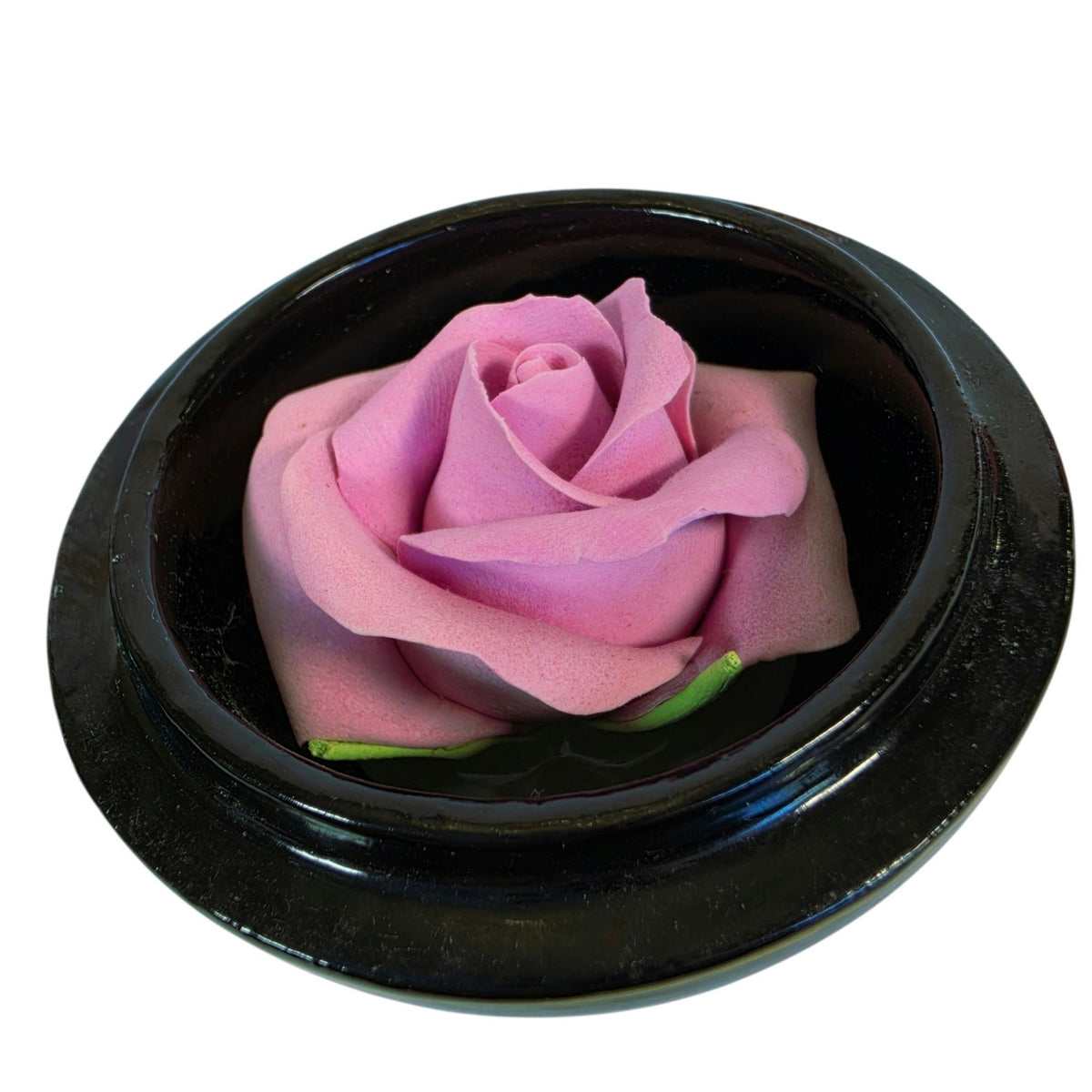 Vintage Japanese Lacquerware Round Trinket Box with Porcelain Rose