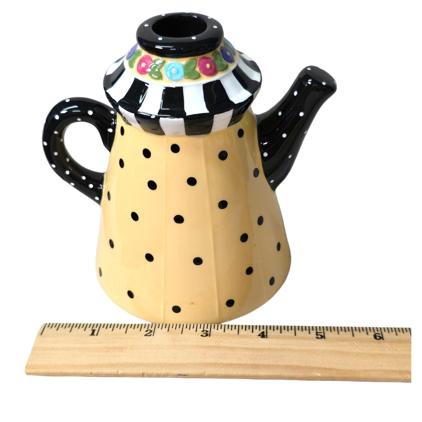 VTG 1998 Mary Engelbreit Yellow & Black Polk-A-Dot Teapot Candle Holders
