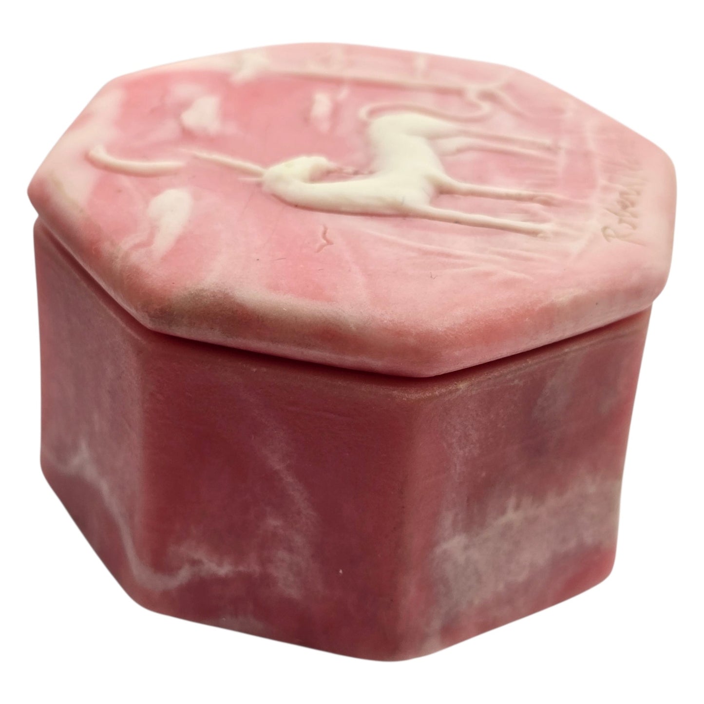 Robert Nemith Signed Incolay Stone Unicorn Trinket Box Relief Carved Mythical