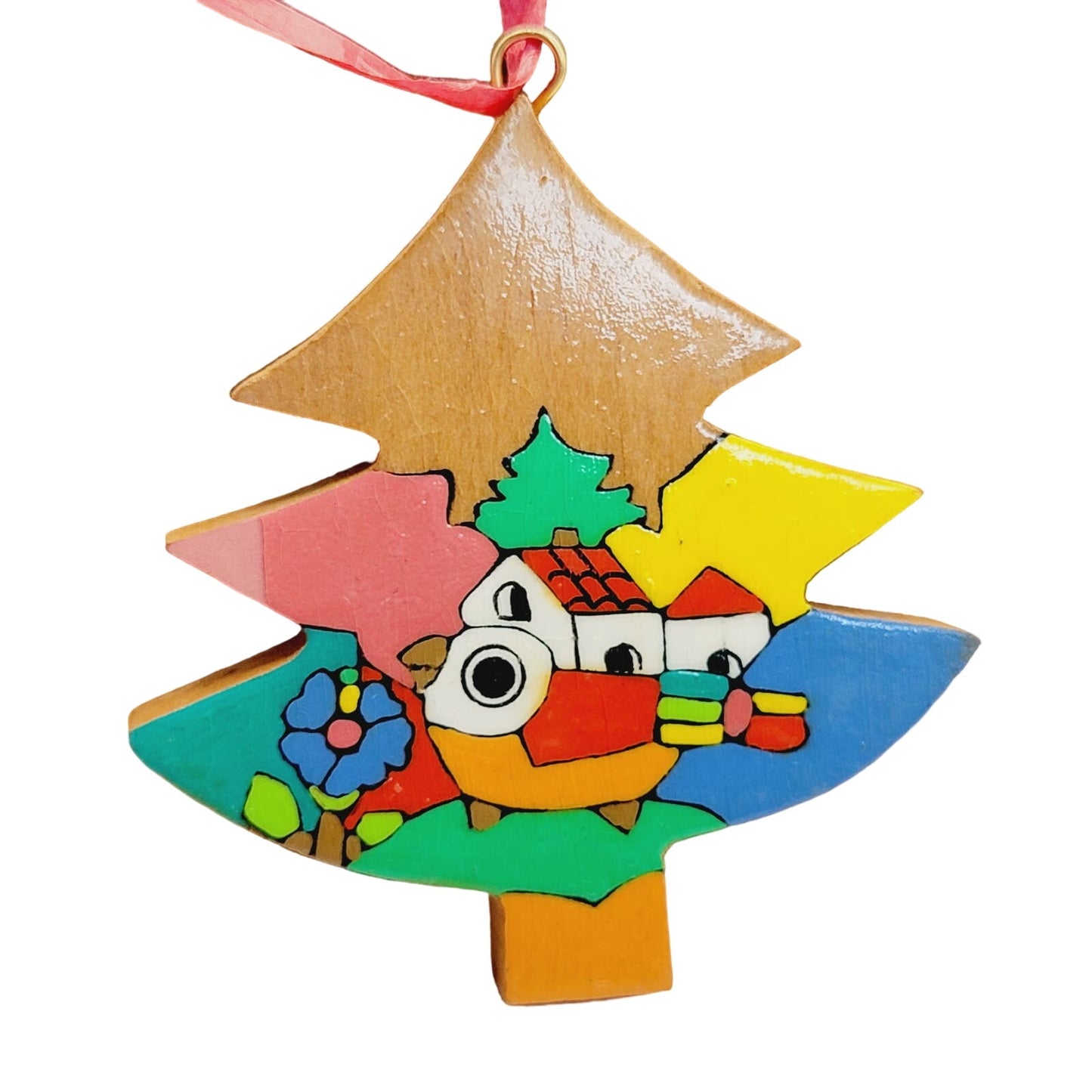 Vintage Handpainted Wooden Christmas Tree Ornament Bird House Village Scene 3"