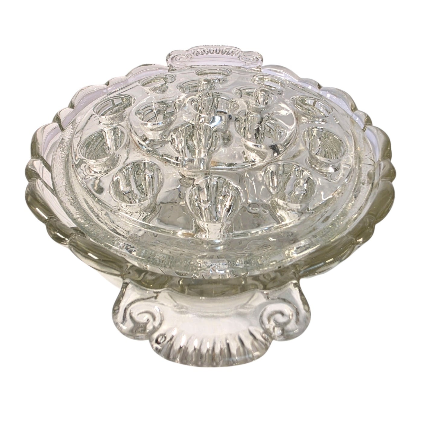 Vintage Clear Pressed Glass Flower Frog Bowl 16-Hole Handle Vase Set
