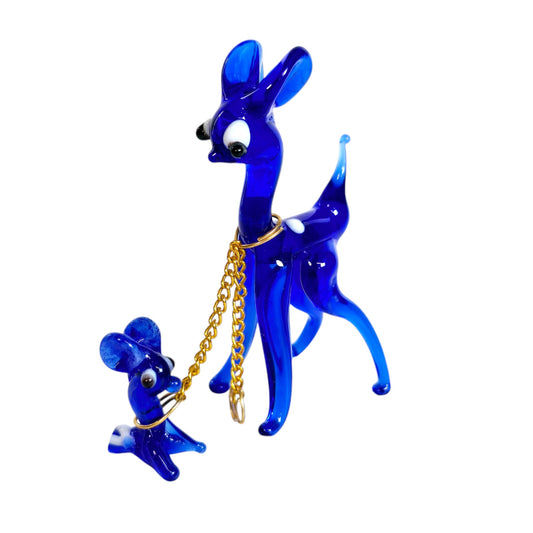 AS IS Cobalt Blue Glass Doe and Fawn, Deer Mother Chained to Baby Deer