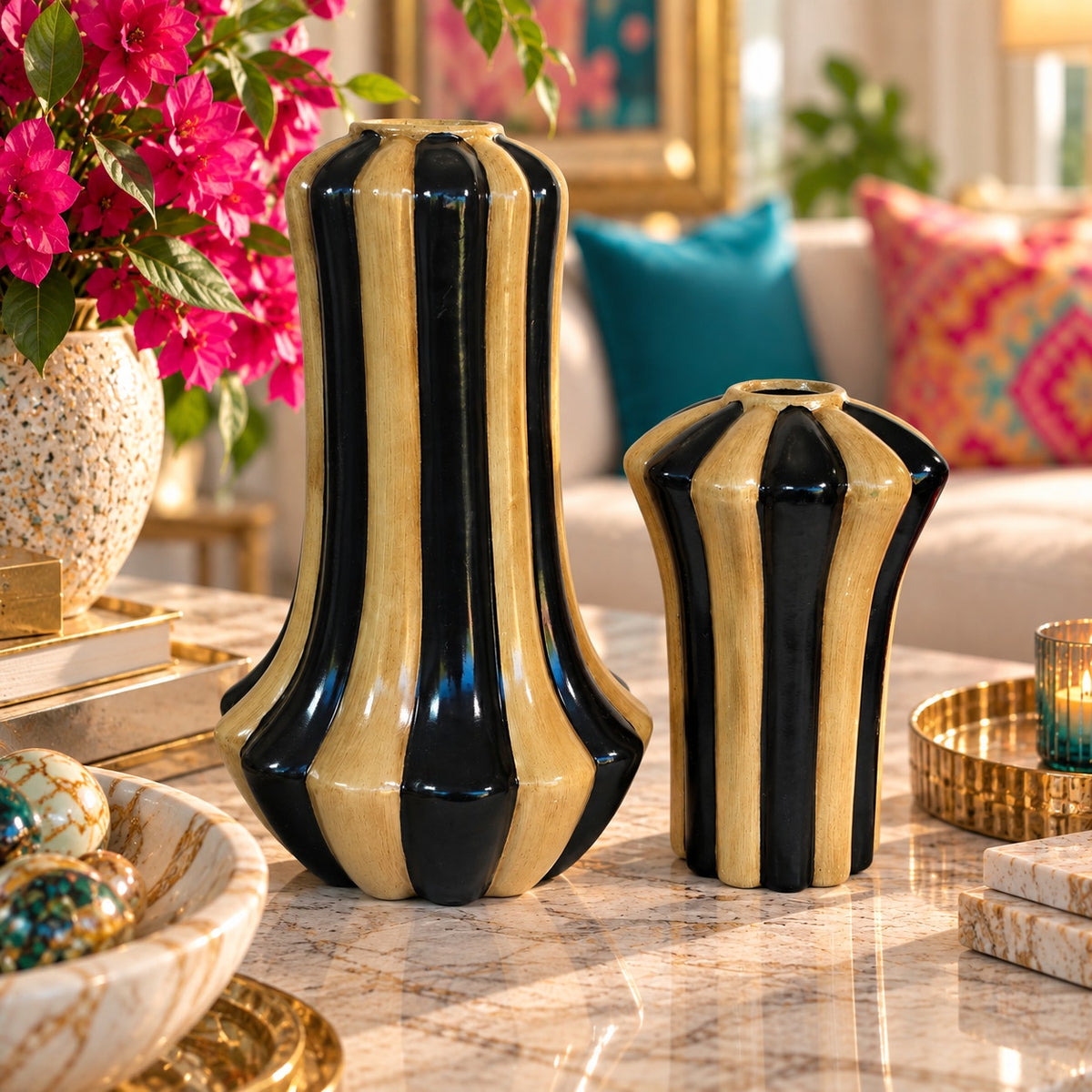 Art Deco Hollywood Regency Black Tan Fluted Ceramic Vases Set of 2 Hobby Lobby