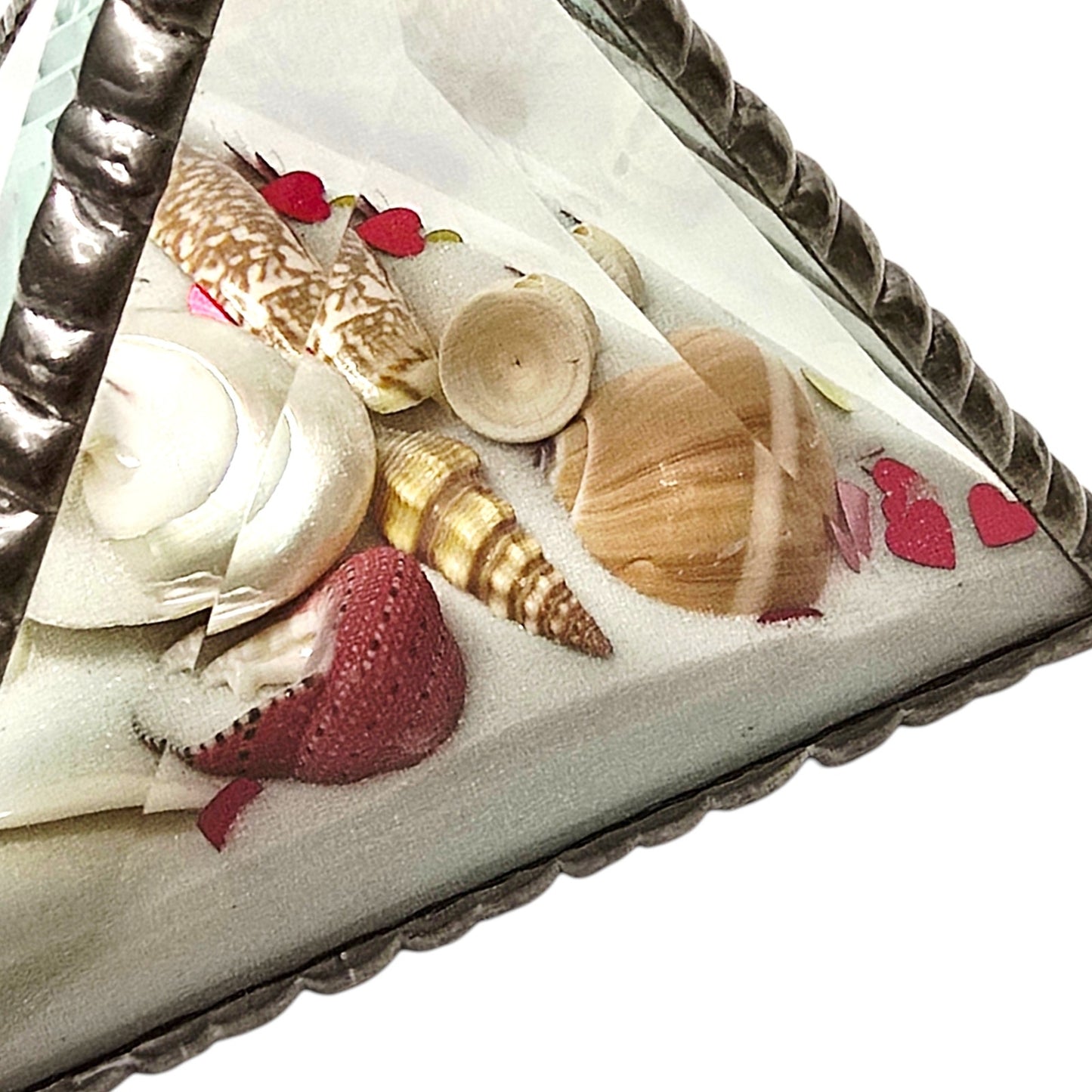 Signed J & J 1993 Glass Sand Prism Valentine's Shell Heart Confetti Art Coastal
