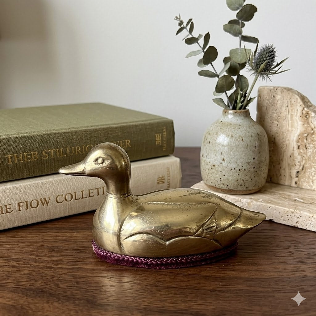 Vintage Brass Duck Lint Brush Paperweight Mallard Figurine Mr Man 1983 Office