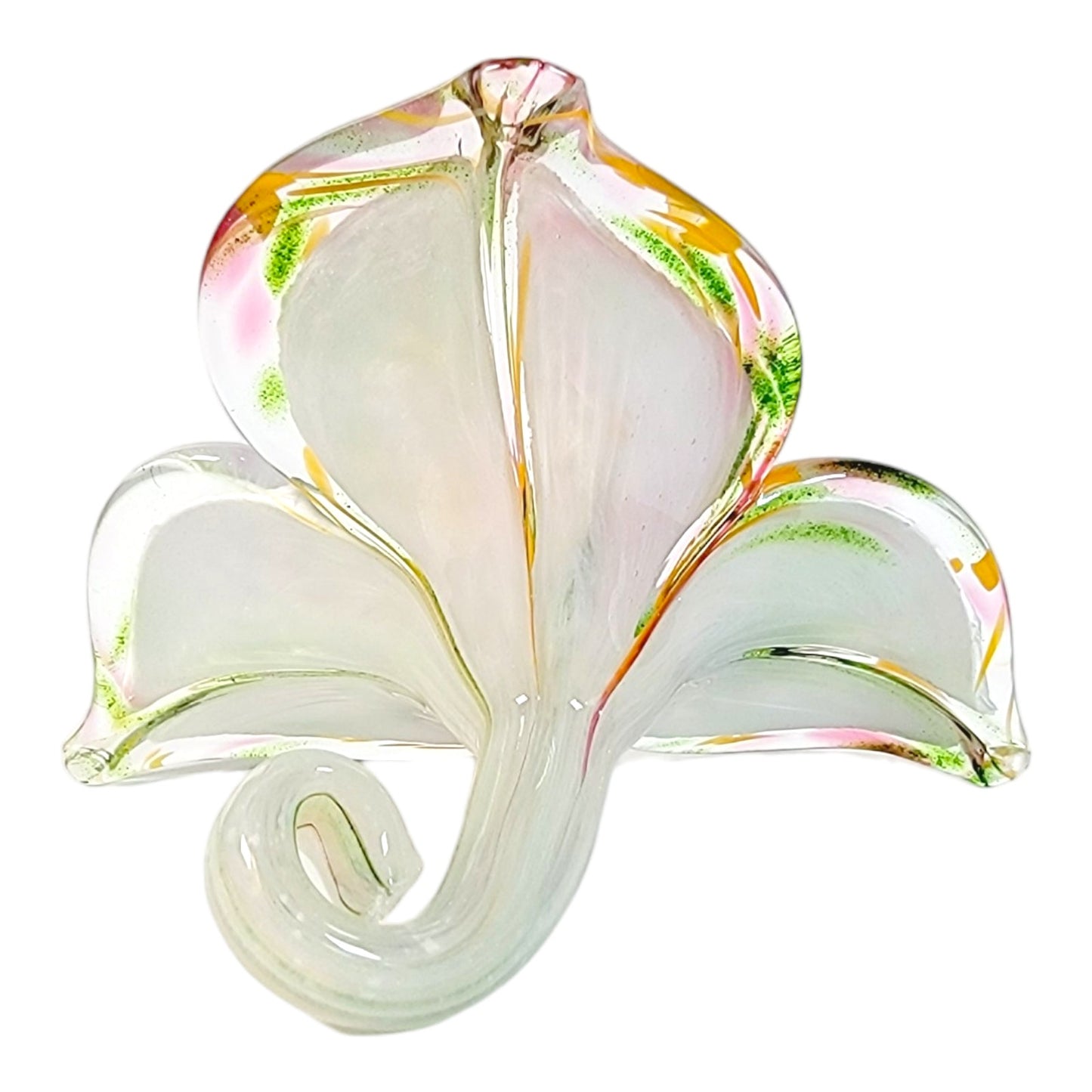 Hand-Blown Art Glass Flower with Stem in Pink, Green and Orange, 3 Leaf Flower