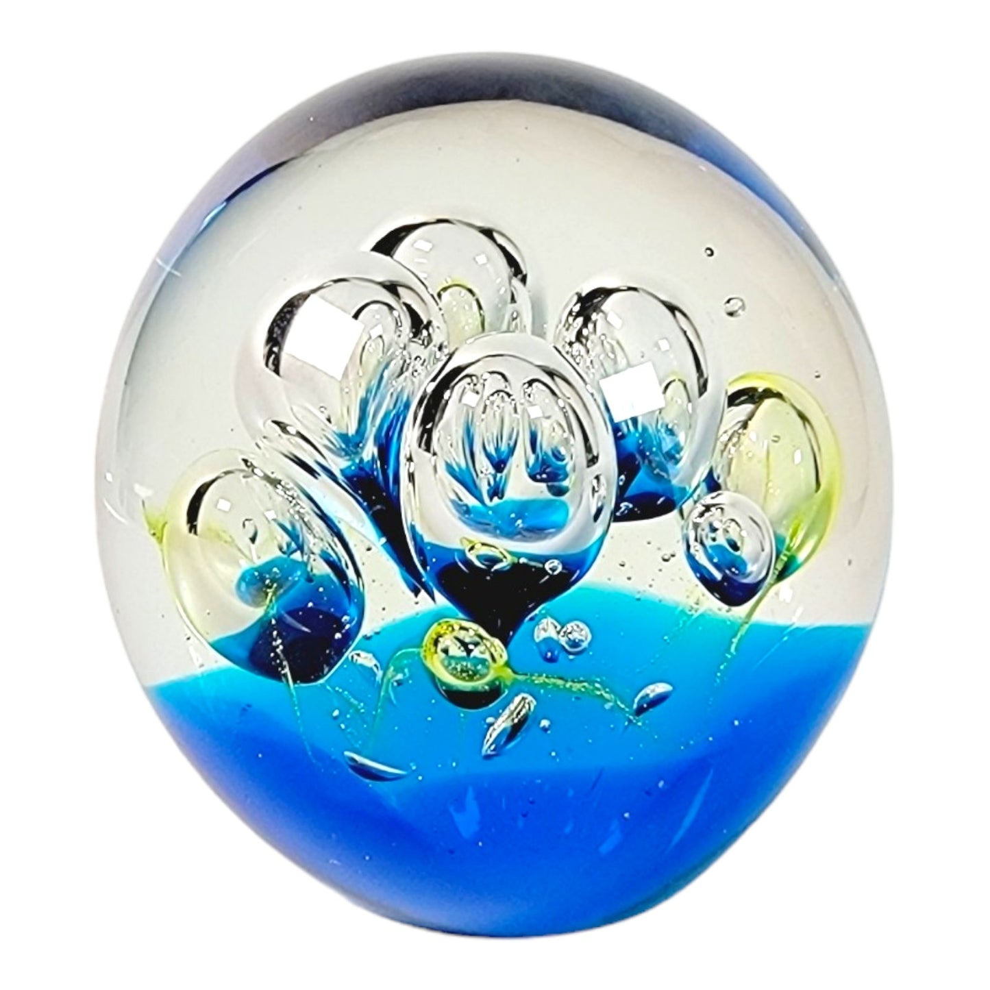 Dynasty Gallery Hand-Blown Art Glass Paperweight Blue Yellow Bubbles 3" Tall