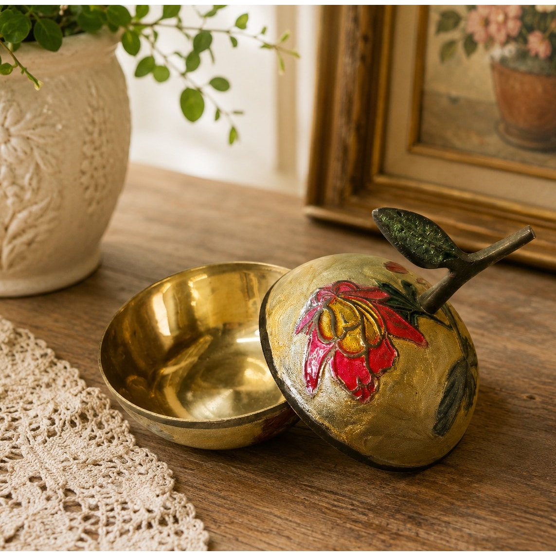 Vintage Cloisonne Enamel Brass Apple Trinket Box With Lid Floral Fruit Farmhouse