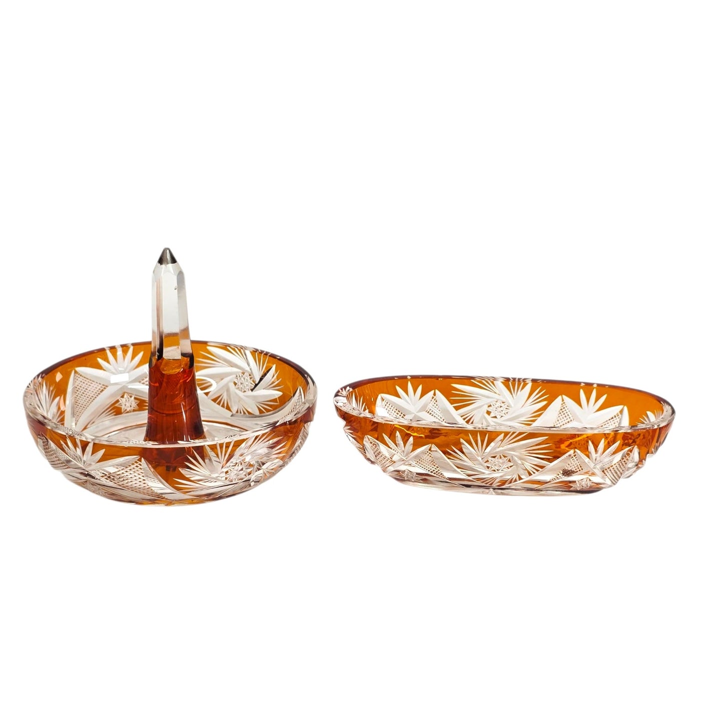 Vtg Amber Bohemian Cut Glass Vanity Set 5‑Piece Jewelry Dresser Set Orange-Brown