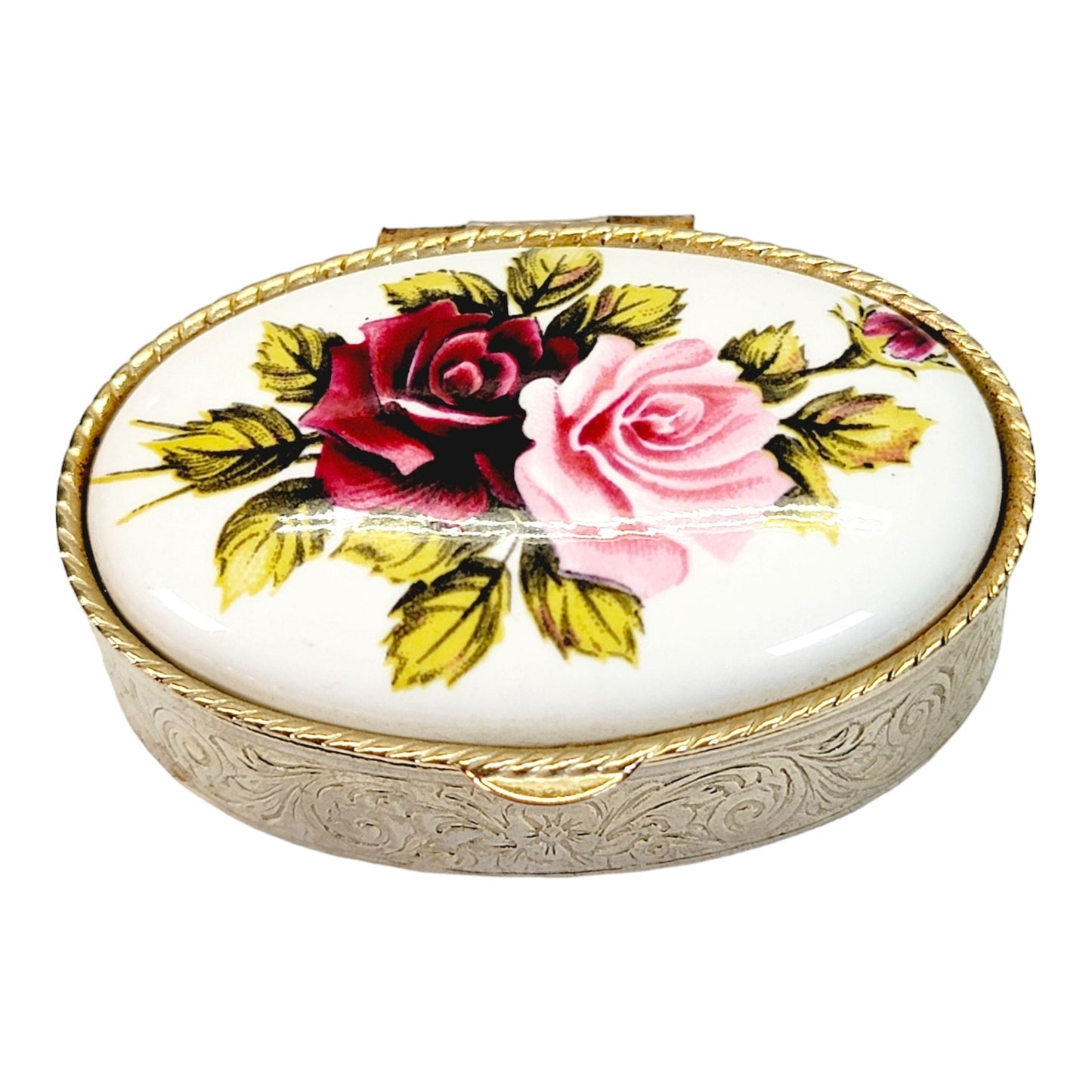 Vintage Ceramic & Metal Hinged Pill Box, Floral Roses Trinket Box