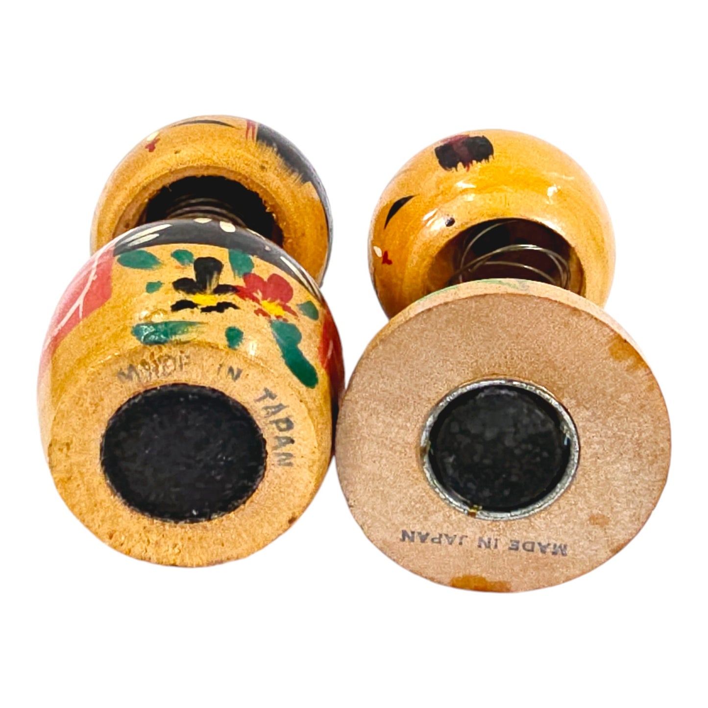 Set of 2 Vintage Miniature Wooden Kokeshi  Wobble Dolls with Magnet Base, Boy and Girl Handpainted Doll Japan, 3.5" & 3.25" H