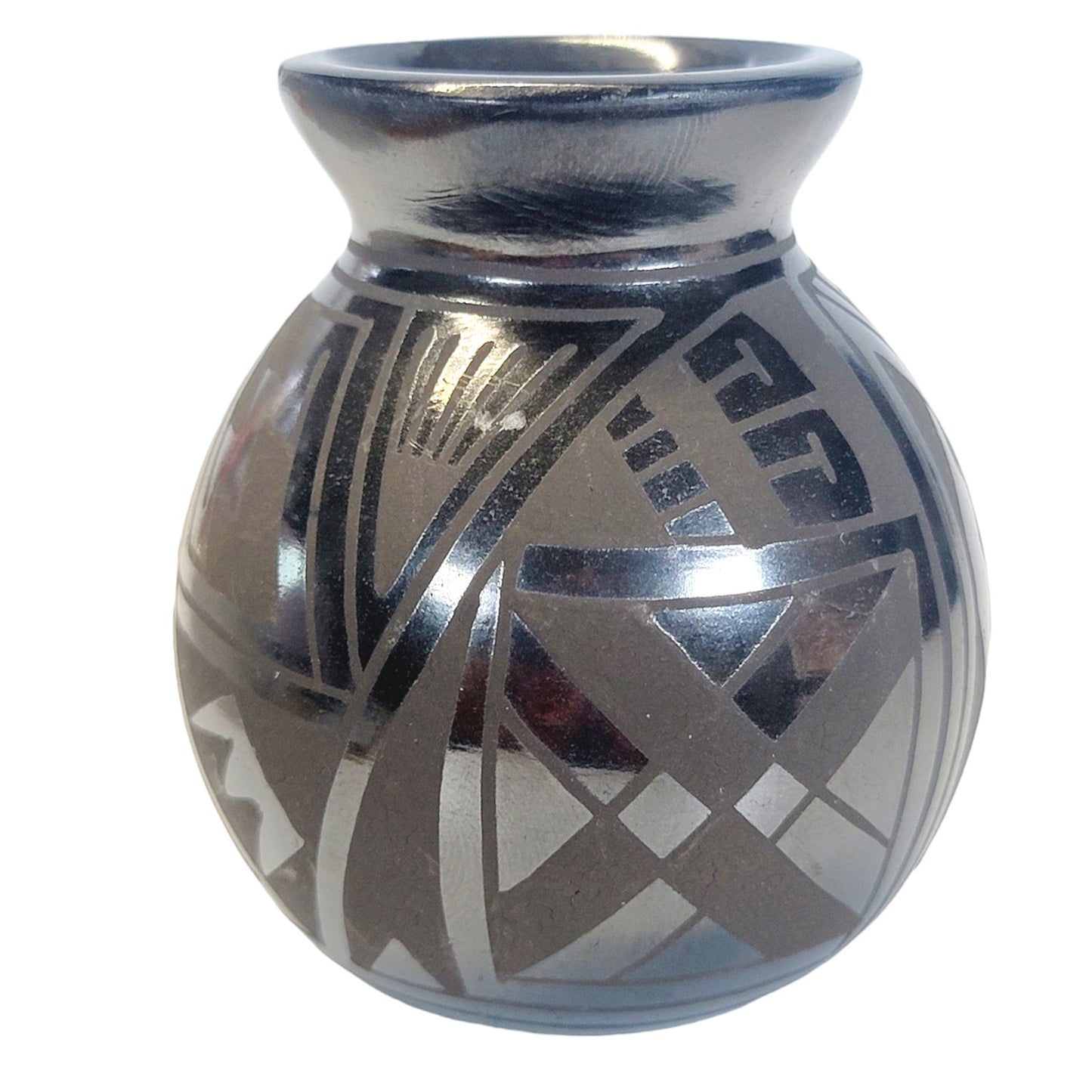 Mata Ortiz Black on Black Small Etched Pottery Vase Signed RRR, Mexico