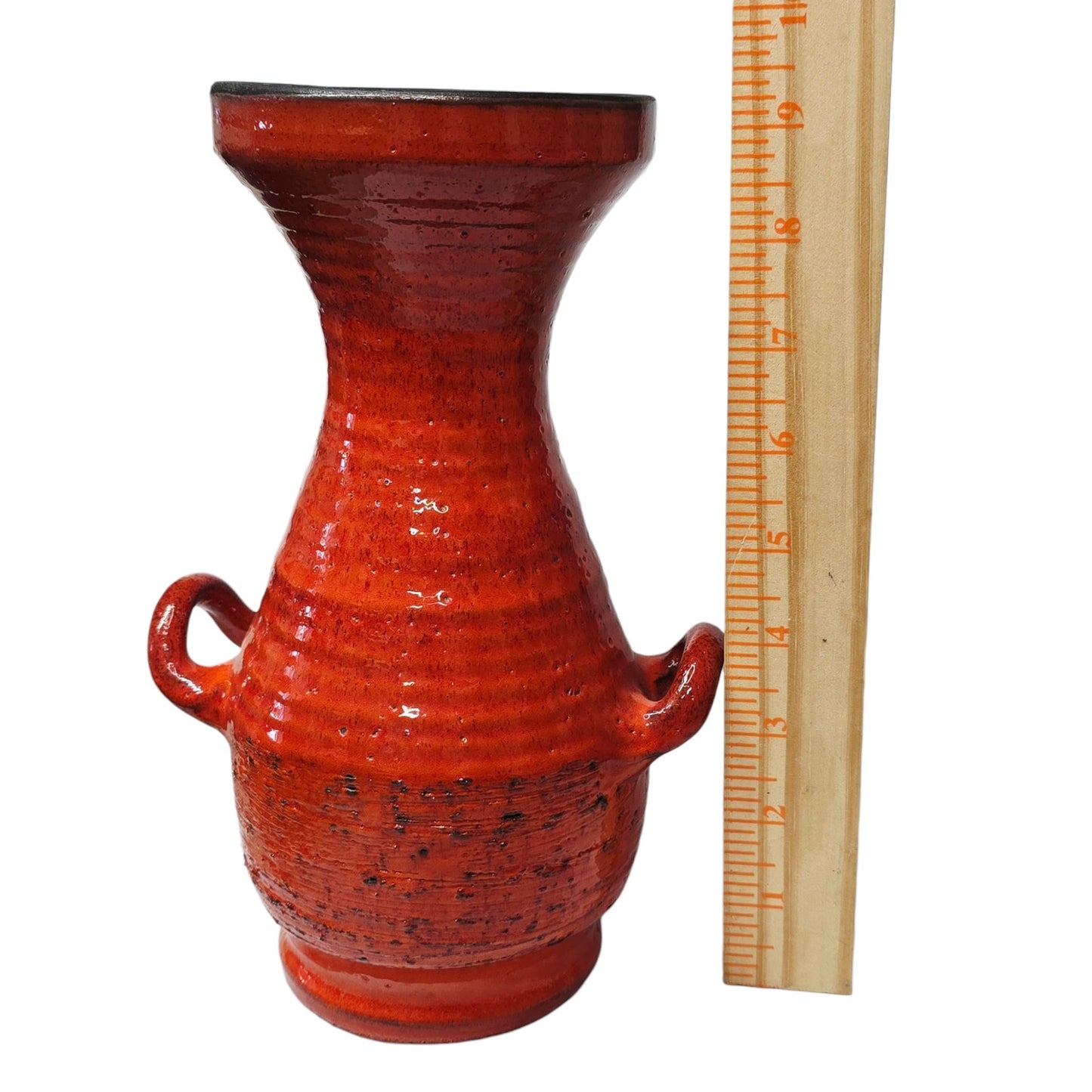 Vintage MCM Red Fat Lava Glaze Studio Pottery Vase Double Handle 9.25"