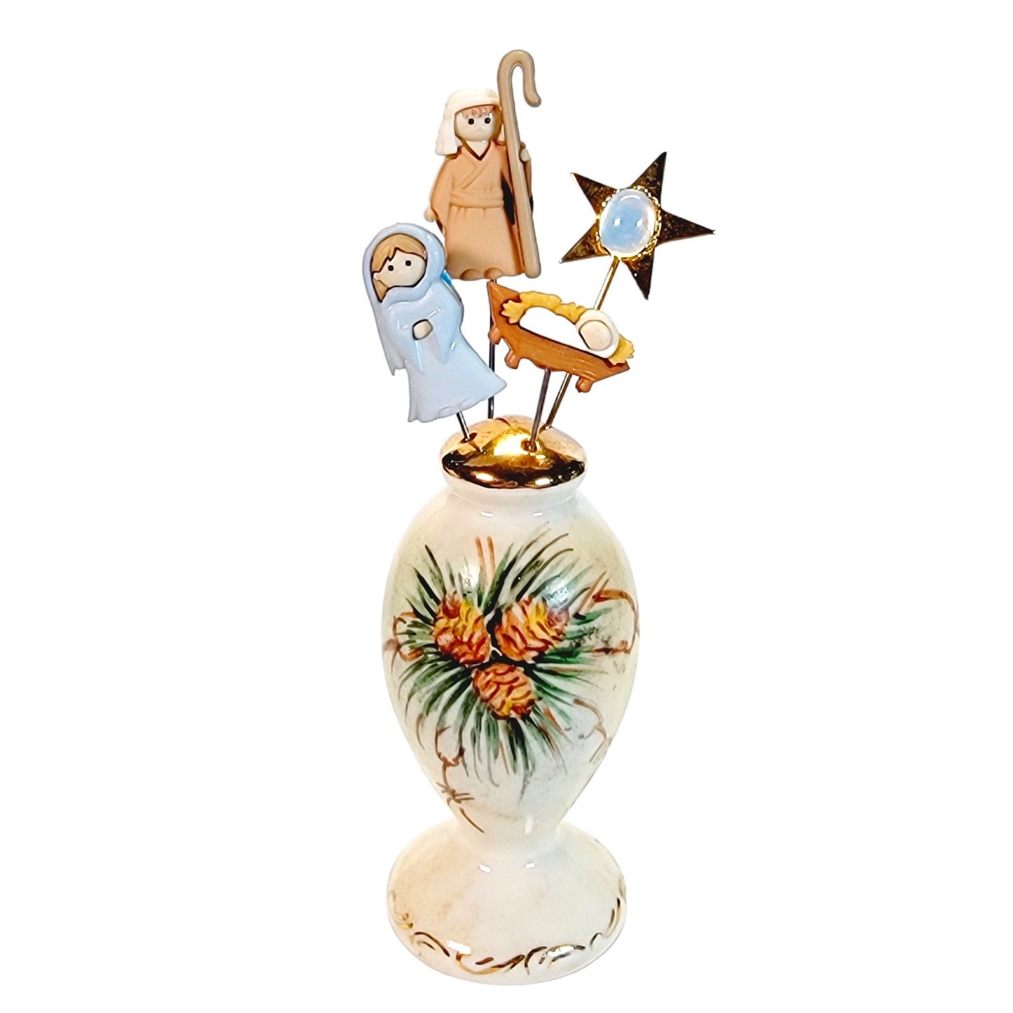 Nativity, Holy Family in Pine Cone Theme Shaker Display with 4 Pins