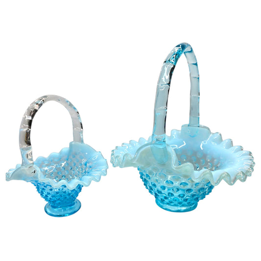 Fenton Blue Opalescent Hobnail Basket Set Uranium Reactive Ruffled Glass Pair