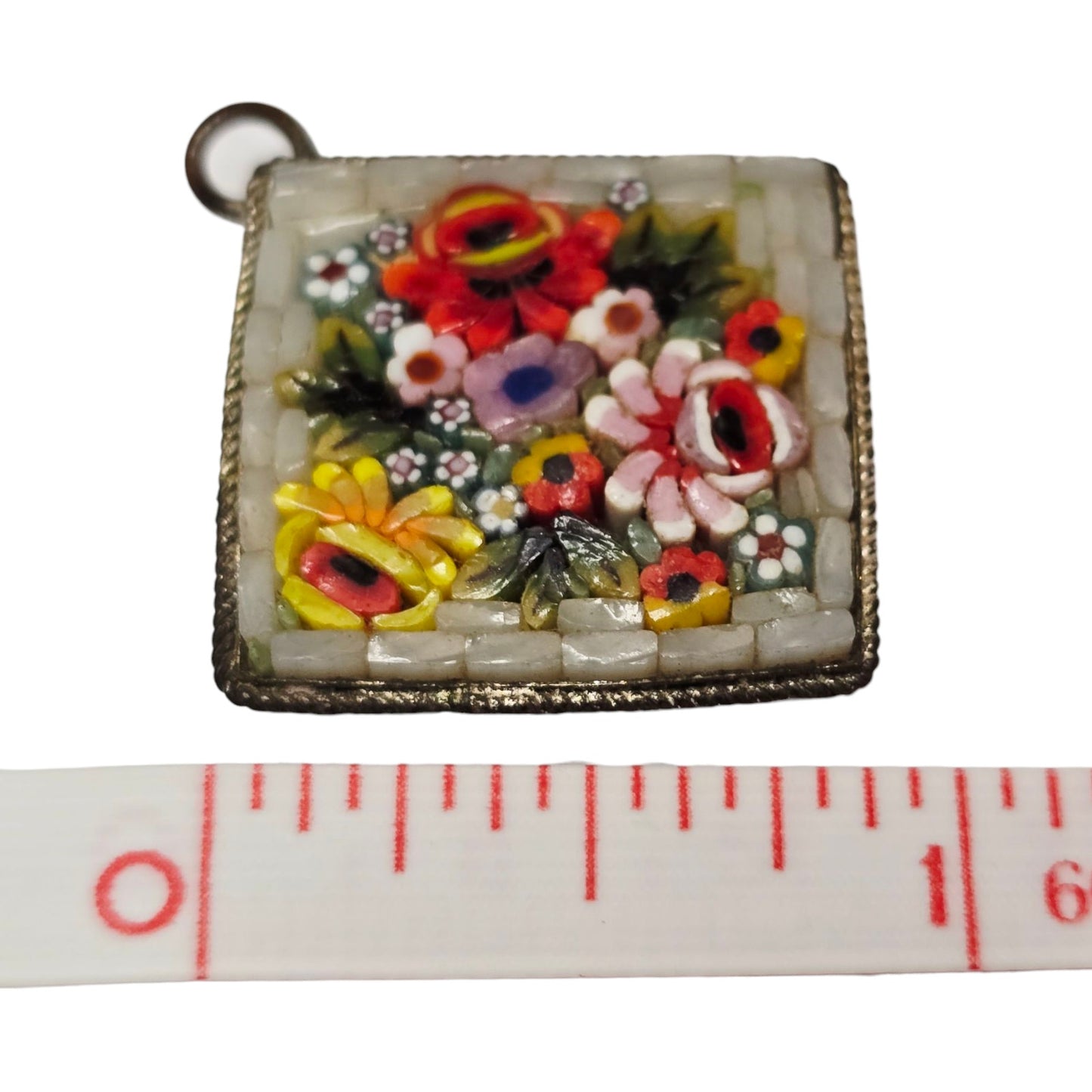 Italian Micro Mosiac Flower Pendant Marked Made in Italy Silver Plate Floral Red Yellow Pink