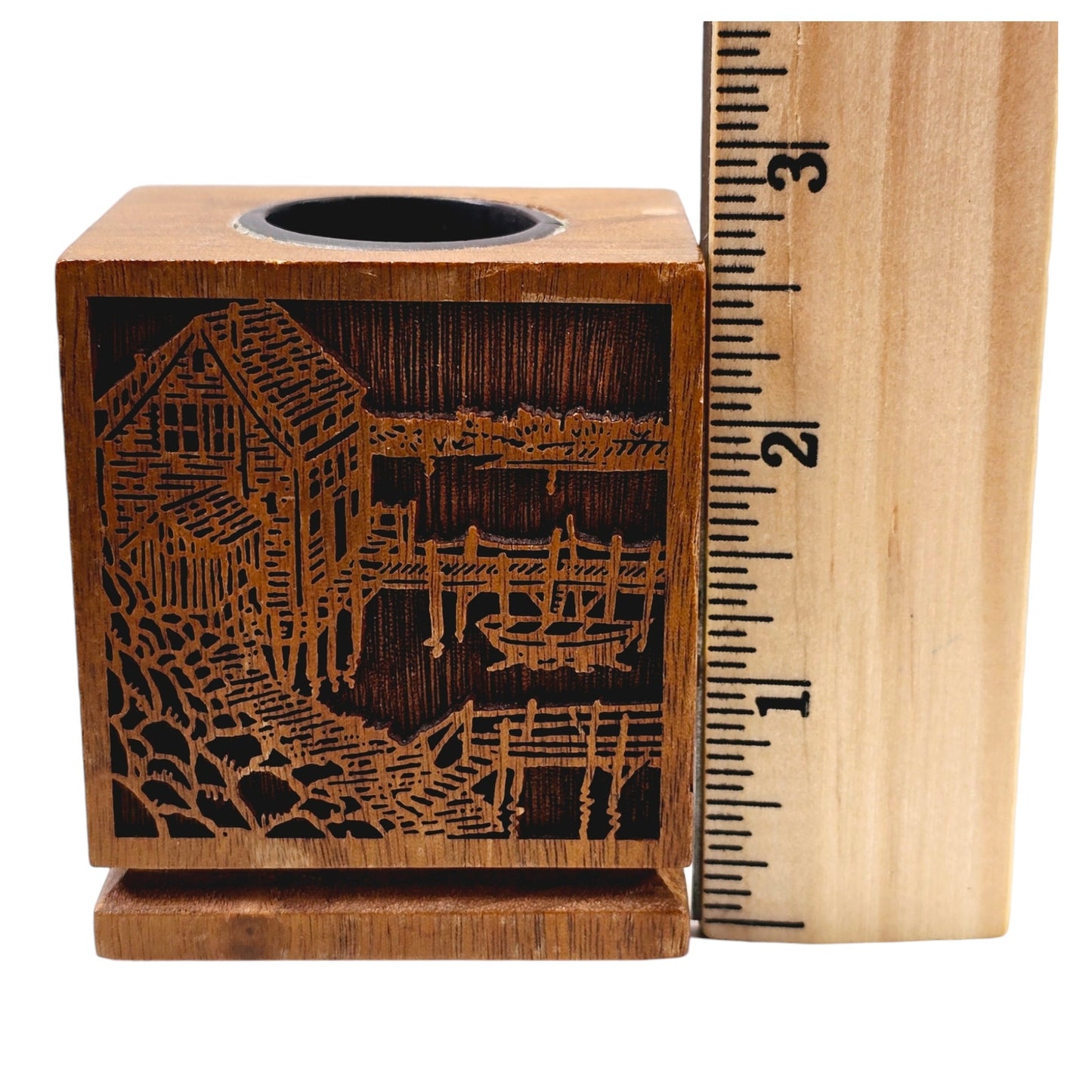 LaserCraft Hand-Carved Walnut Pencil Holder, Boat House Dock Scene, 2.5" H