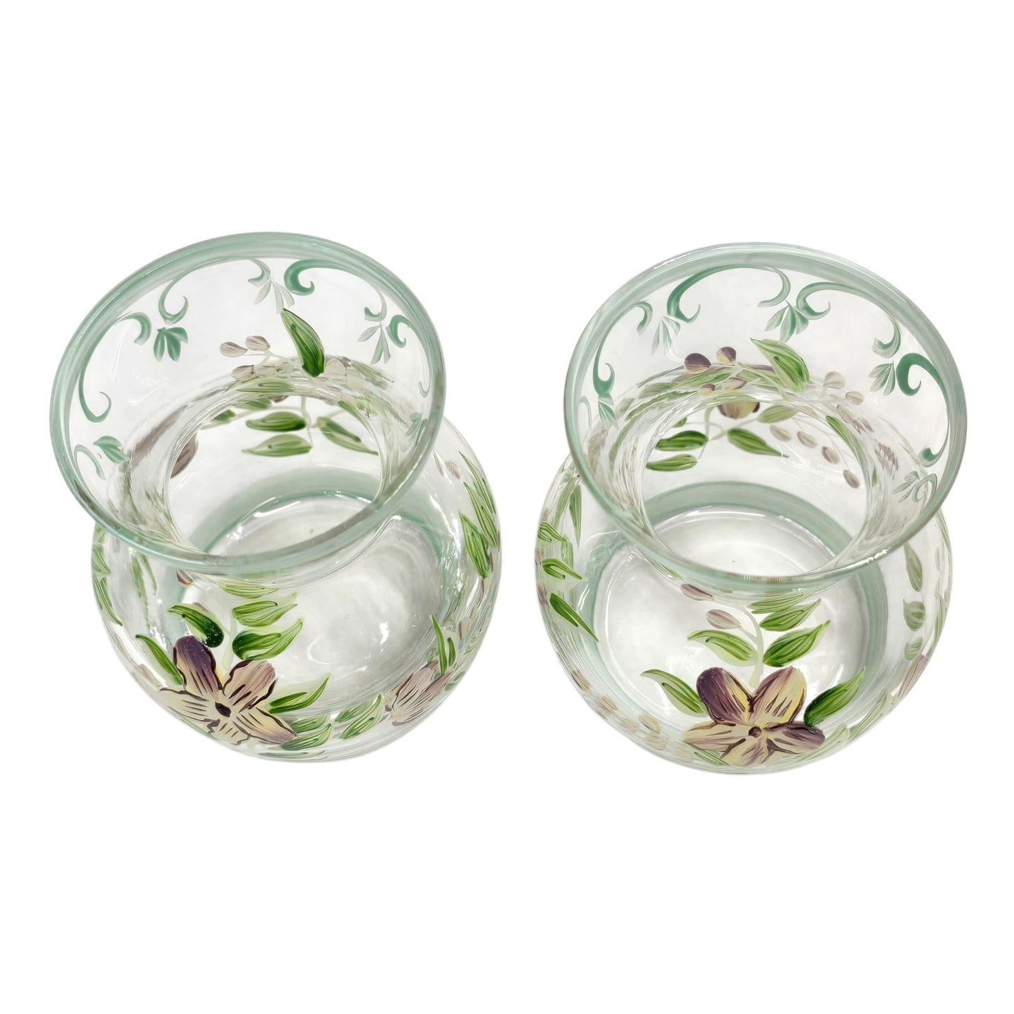 Vtg Hand Painted Floral Glass Vases Lot of 2 Clear Green Trim Small Bud