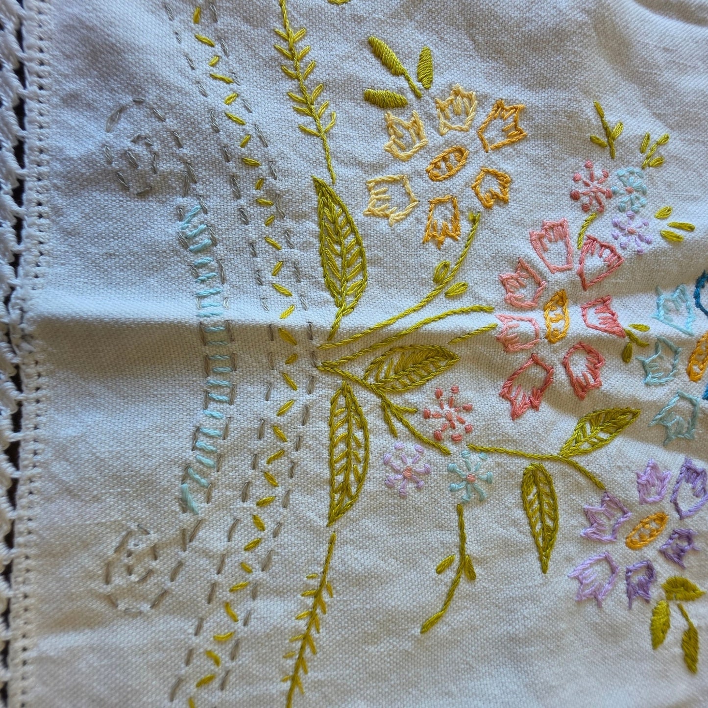 Vintage Embroidered Floral Scalloped Linen Placemat Dresser Scarf 17x10 Oblong