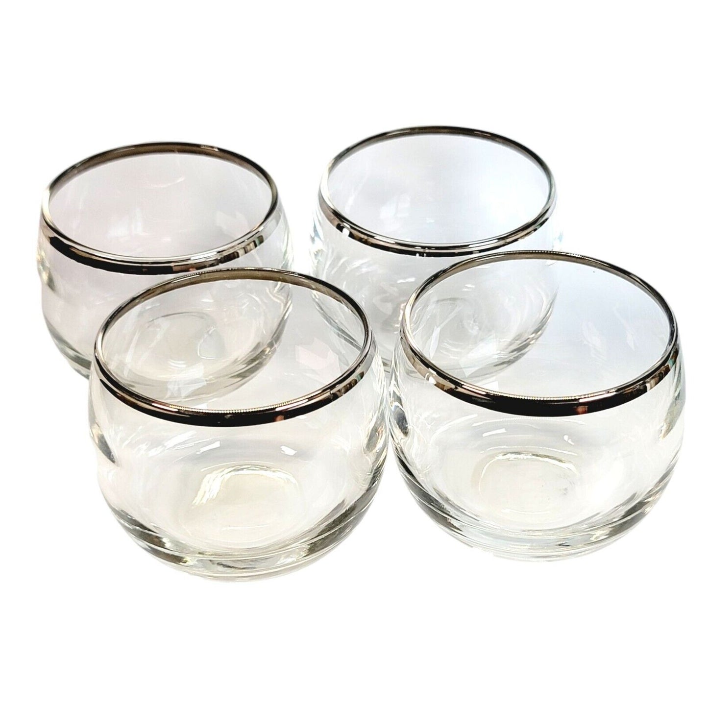 Set Of 4 Roly Poly Glass Tumbler Cups With Silver Rim