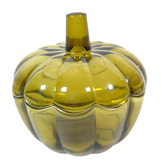 Olive Green Glass Pumpkin Jar with Lid Decorative Fall Trinket Container