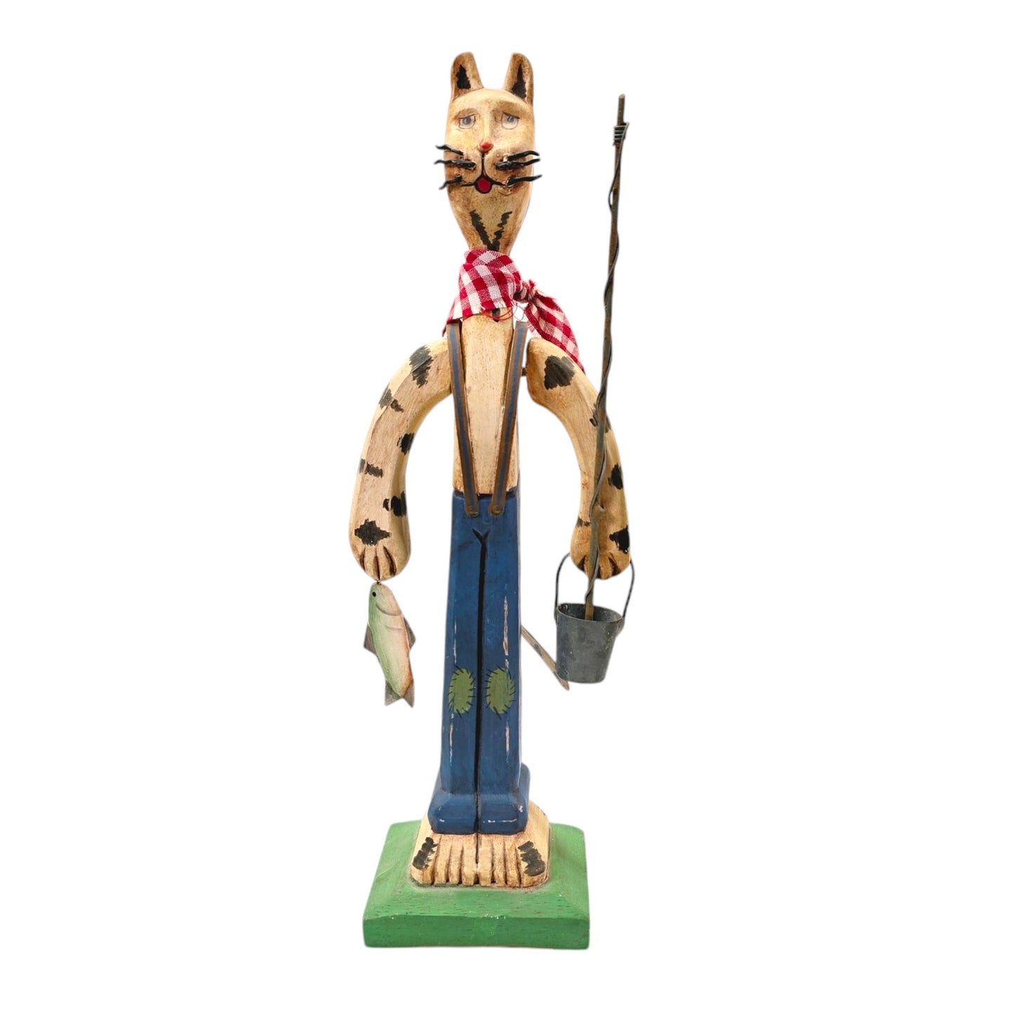 Vintage Hand-Carved Wooden Folk Art Cat Fisherman with Rod, Pail and Fish in Hand, 10" H