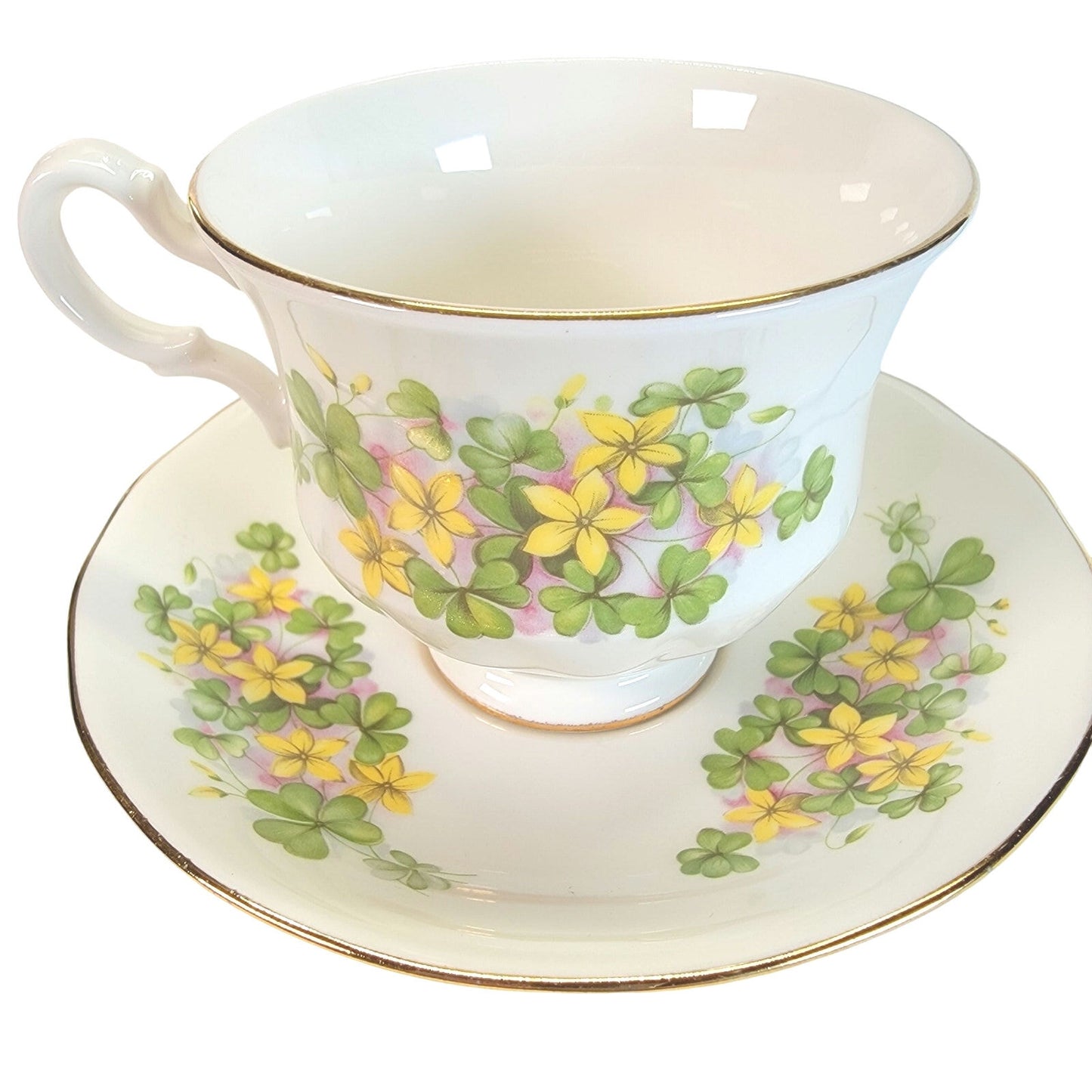 Queen Anne Teacup & Saucer Bone China, Made in England, Yellow Flowers & Clovers