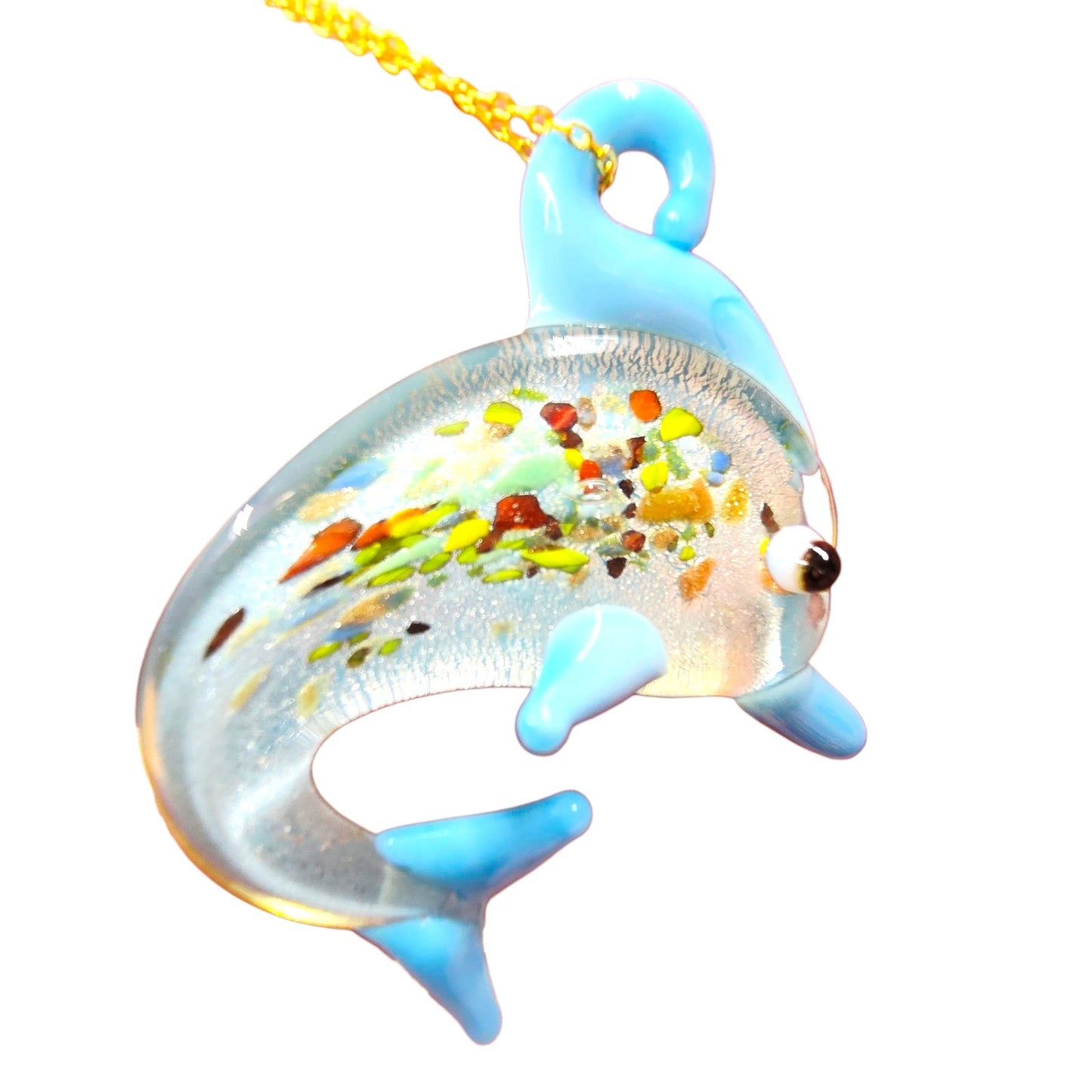 Murano-Style Glass Dolphin Pendant Necklace Italy 925 Gold Chain Ocean Jewelry