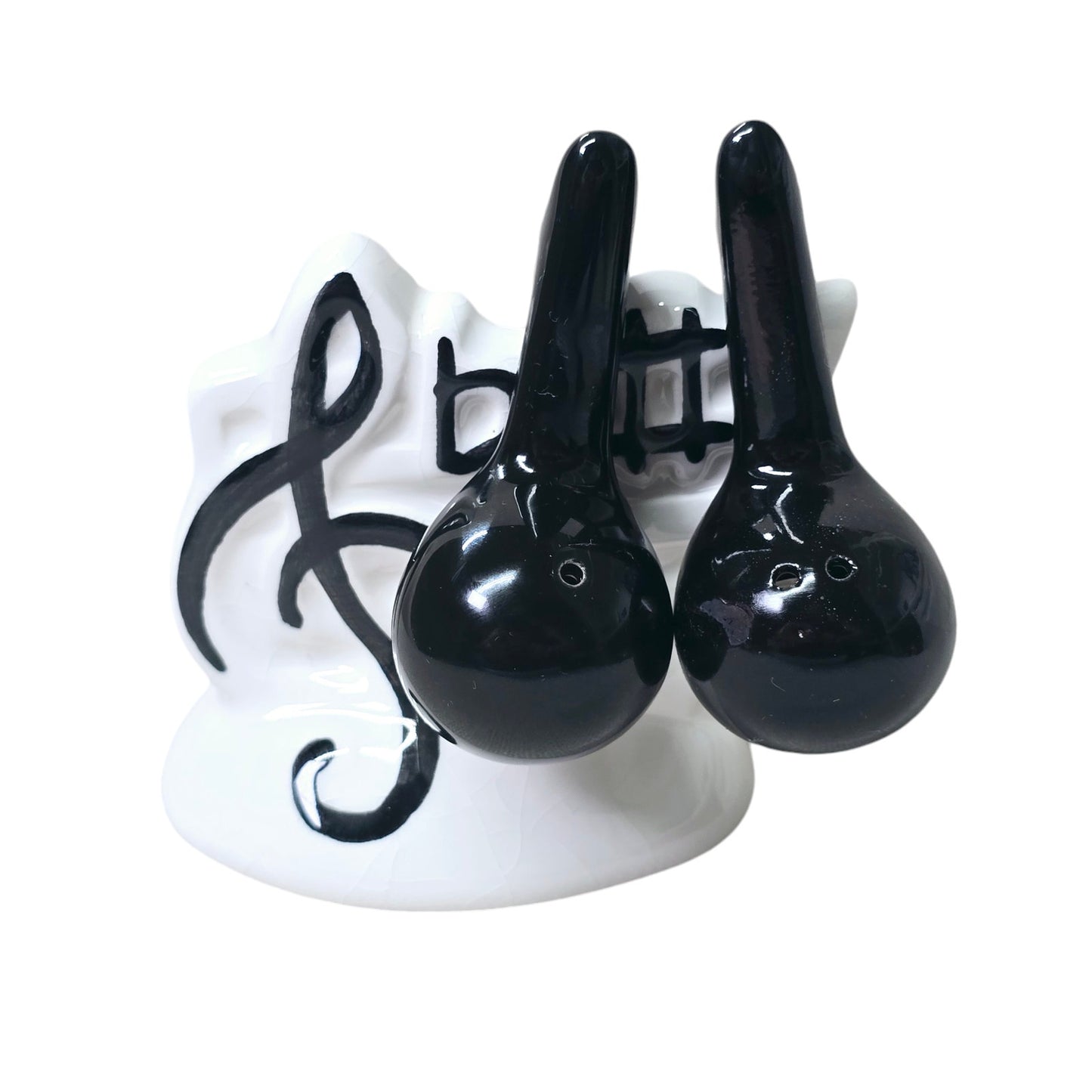 Vtg Musical Notes Salt & Pepper Shaker Set on Stand by Sarsaparilla Deco Designs