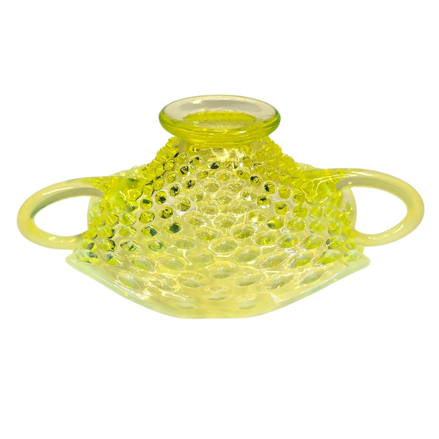 Fenton Vaseline Opalescent Hobnail Bonbon Dish Uranium Glass Double Handle Glows