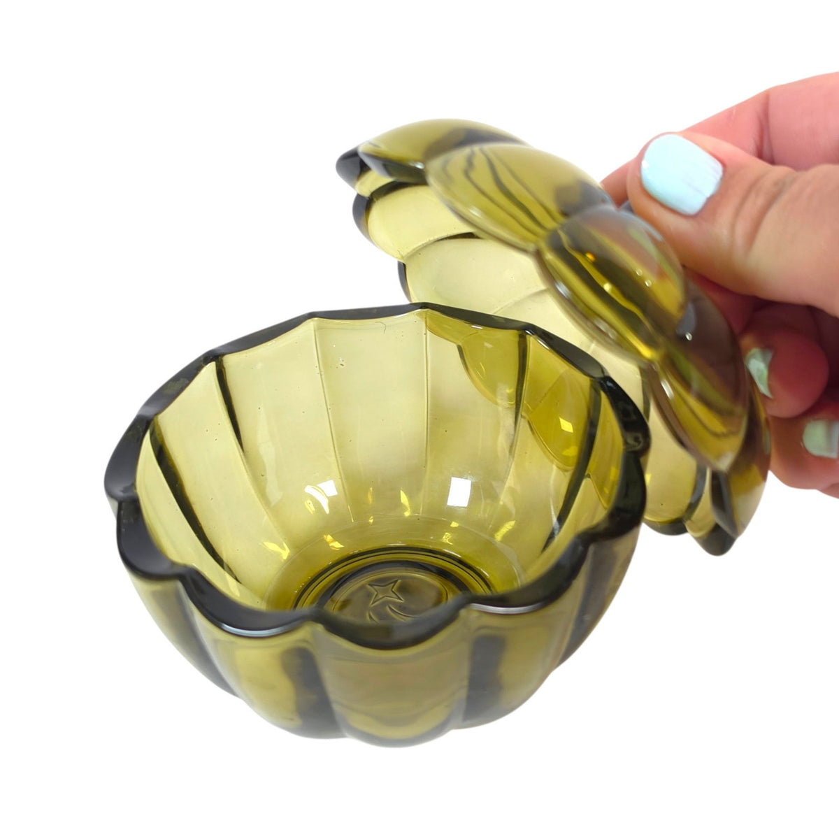 Olive Green Glass Pumpkin Jar with Lid Decorative Fall Trinket Container